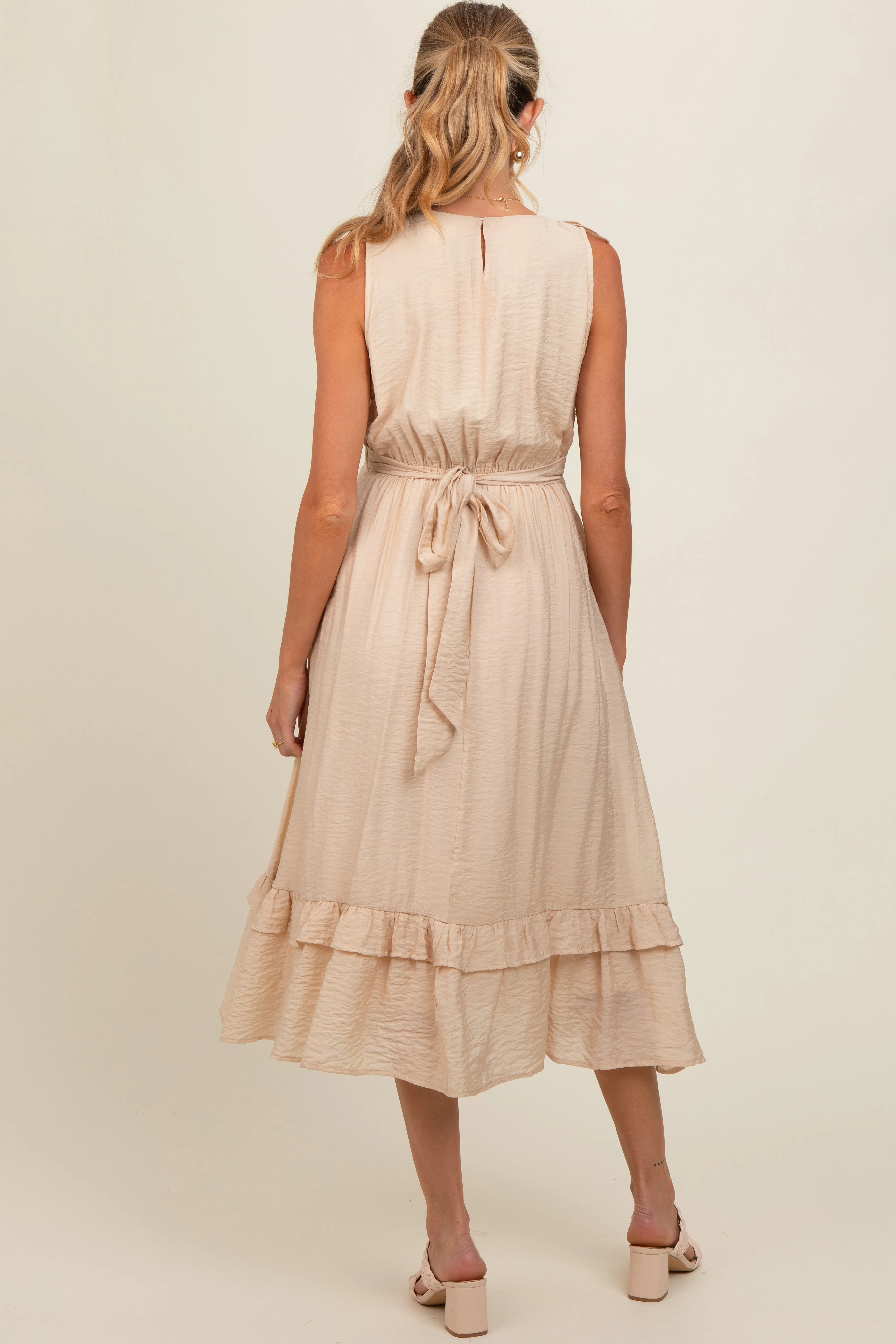 Beige Texture Ruffle Accent Maternity Midi Dress sold by Pinkblush product image thumbnail 3