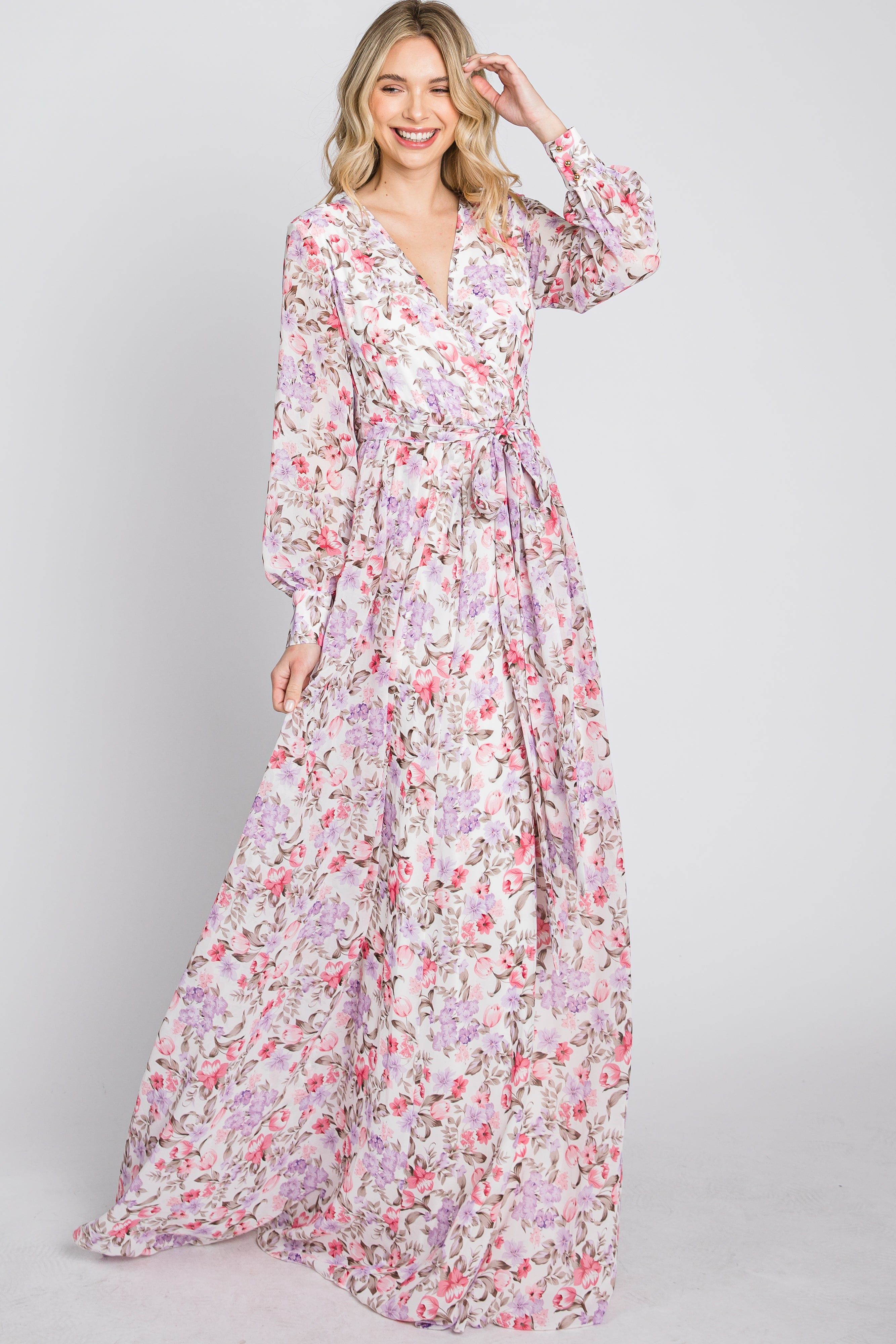 White Floral Chiffon Long Sleeve Pleated Maxi Dress sold by Pinkblush