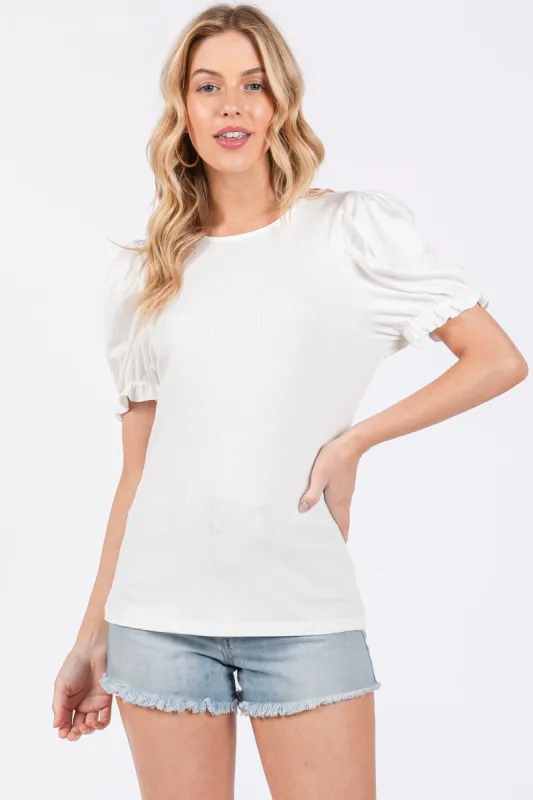 White Ribbed Puff Sleeve Top sold by Pinkblush