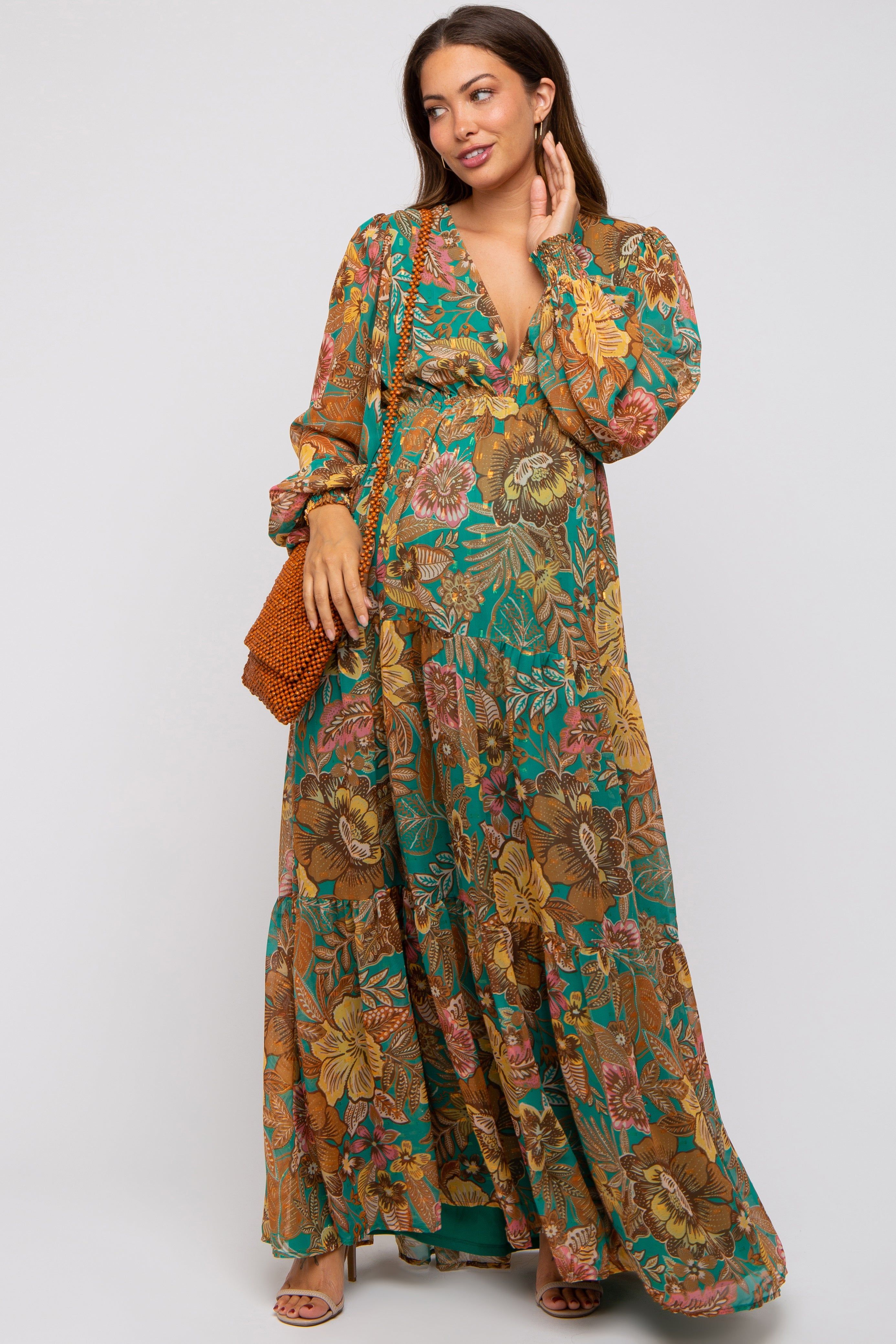 Emerald Floral Deep V-Neck Long Sleeve Maternity Maxi Dress sold by Pinkblush product image thumbnail 5