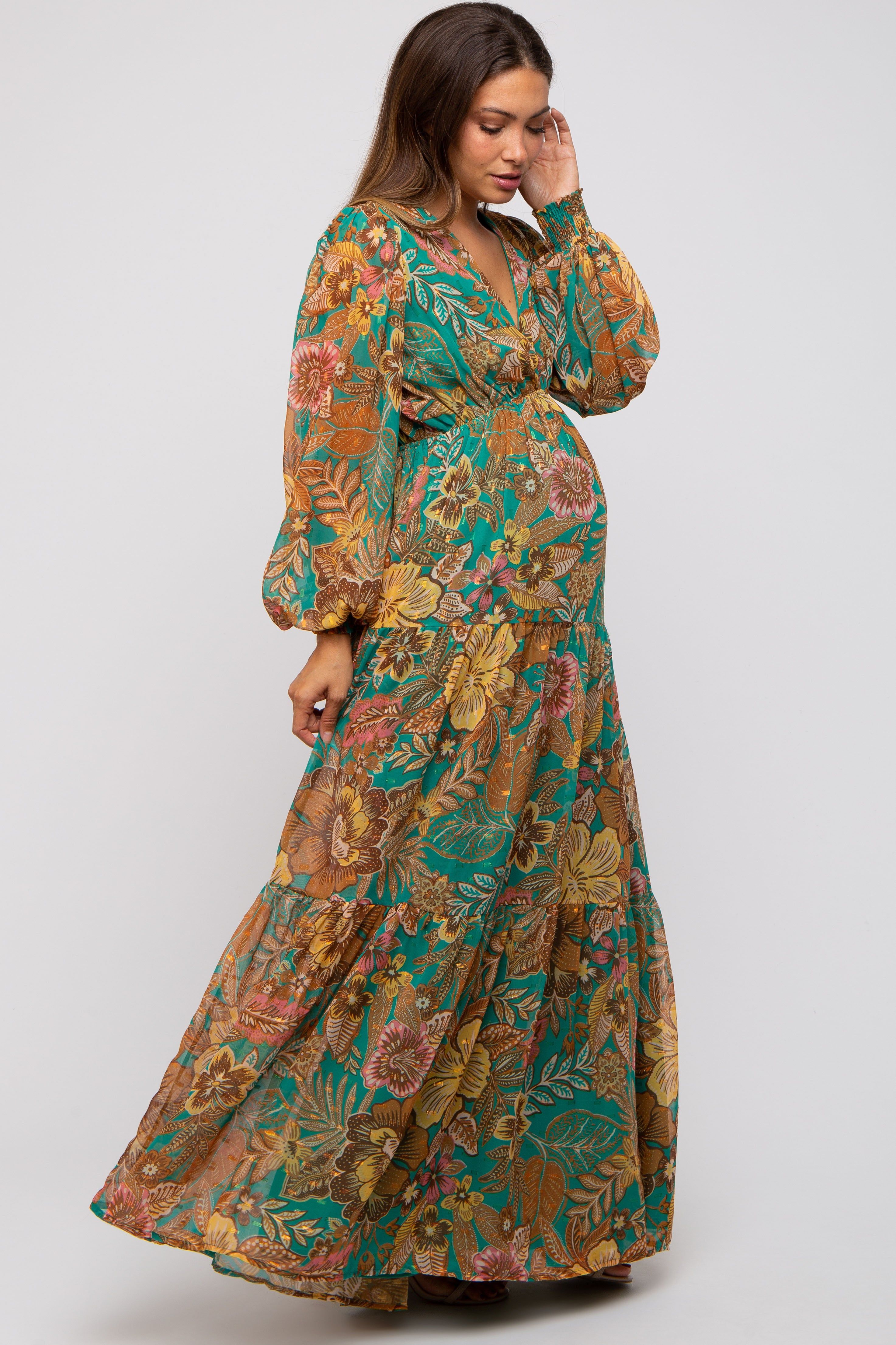 Emerald Floral Deep V-Neck Long Sleeve Maternity Maxi Dress sold by Pinkblush product image thumbnail 2