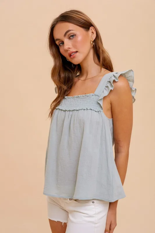 Mint Smocked Yoke Ruffle Sleeveless Blouse sold by Pinkblush