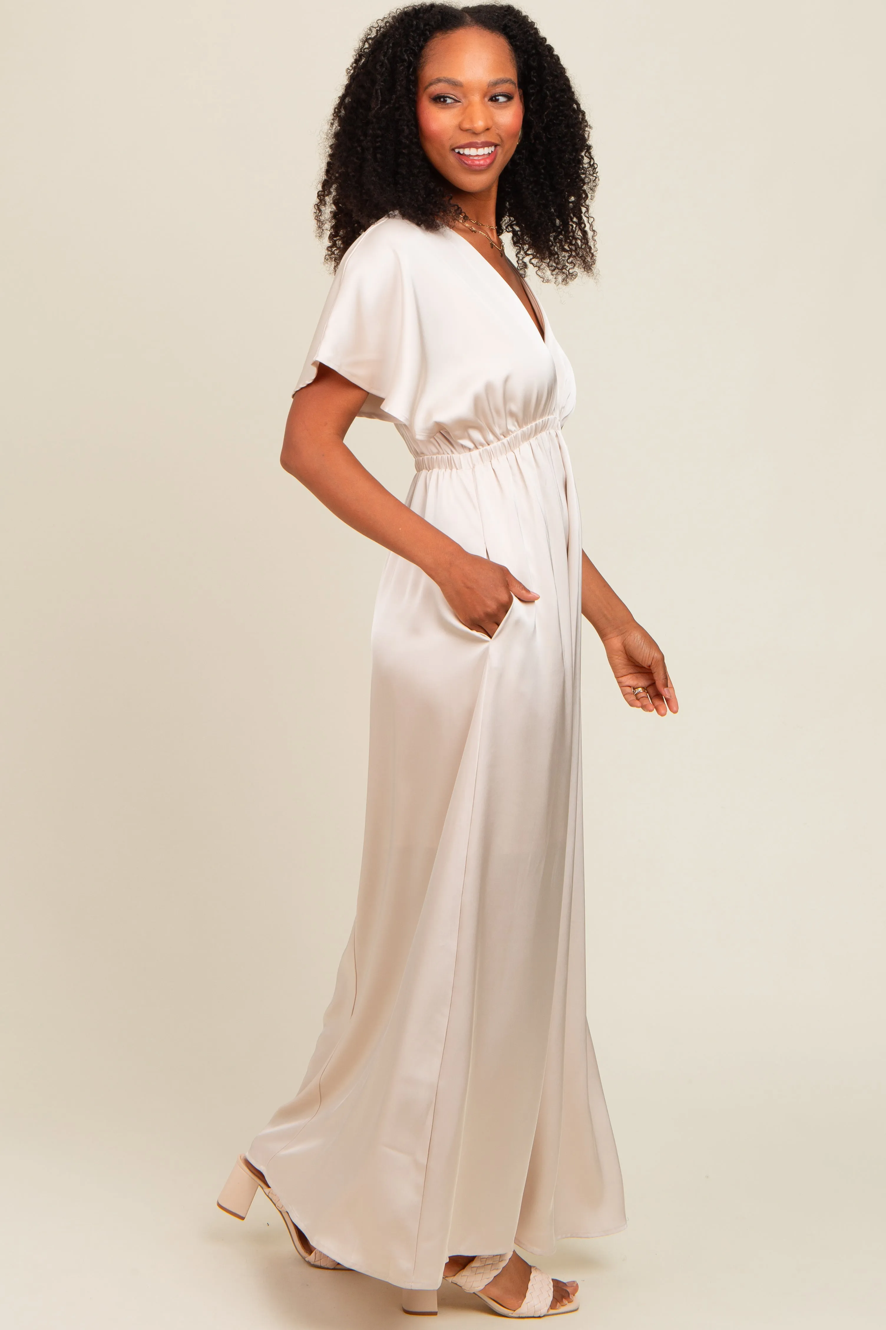Cream Satin V-Neck Flutter Short Sleeve Maxi Dress sold by Pinkblush product image thumbnail 3