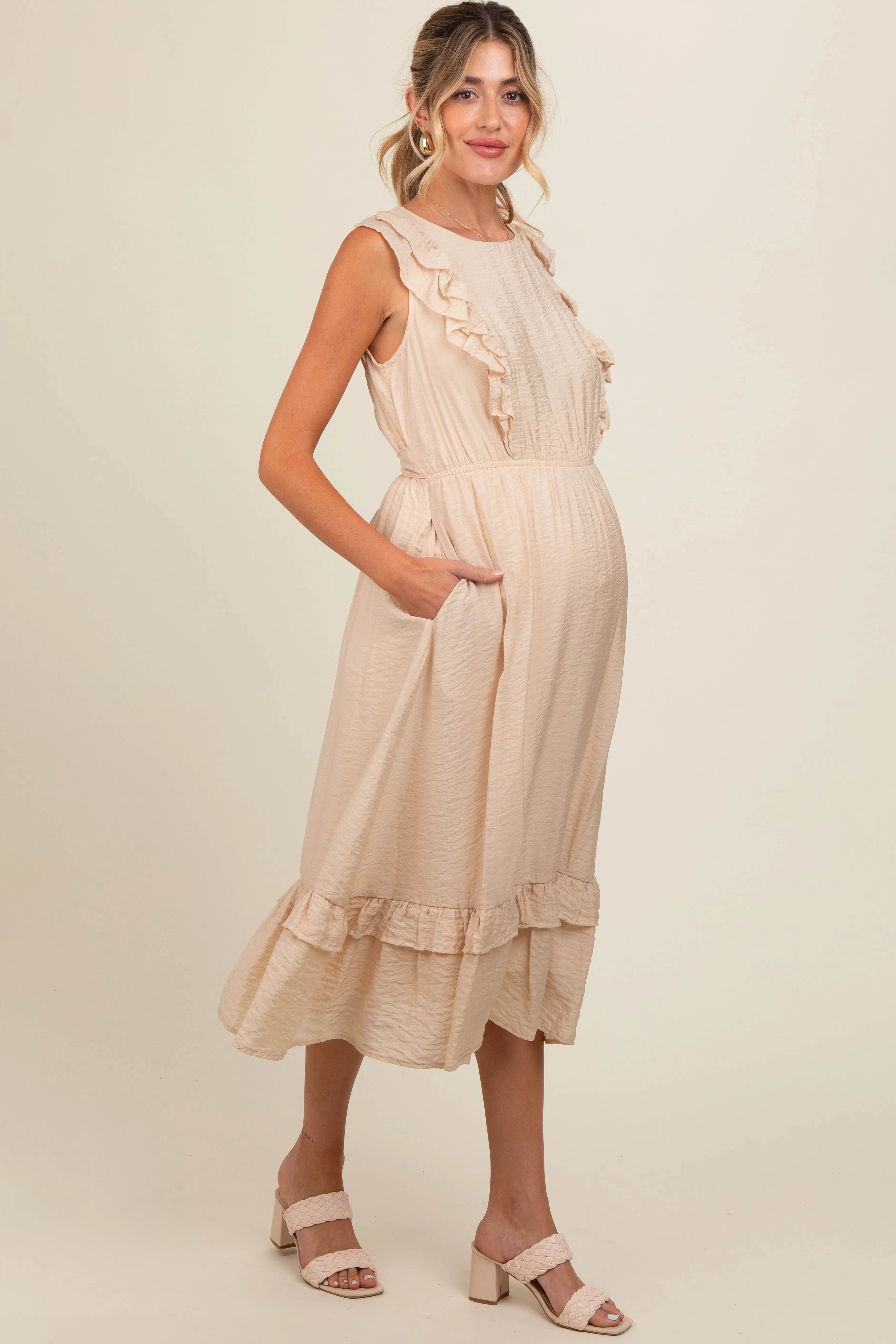Beige Texture Ruffle Accent Maternity Midi Dress sold by Pinkblush product image thumbnail 4