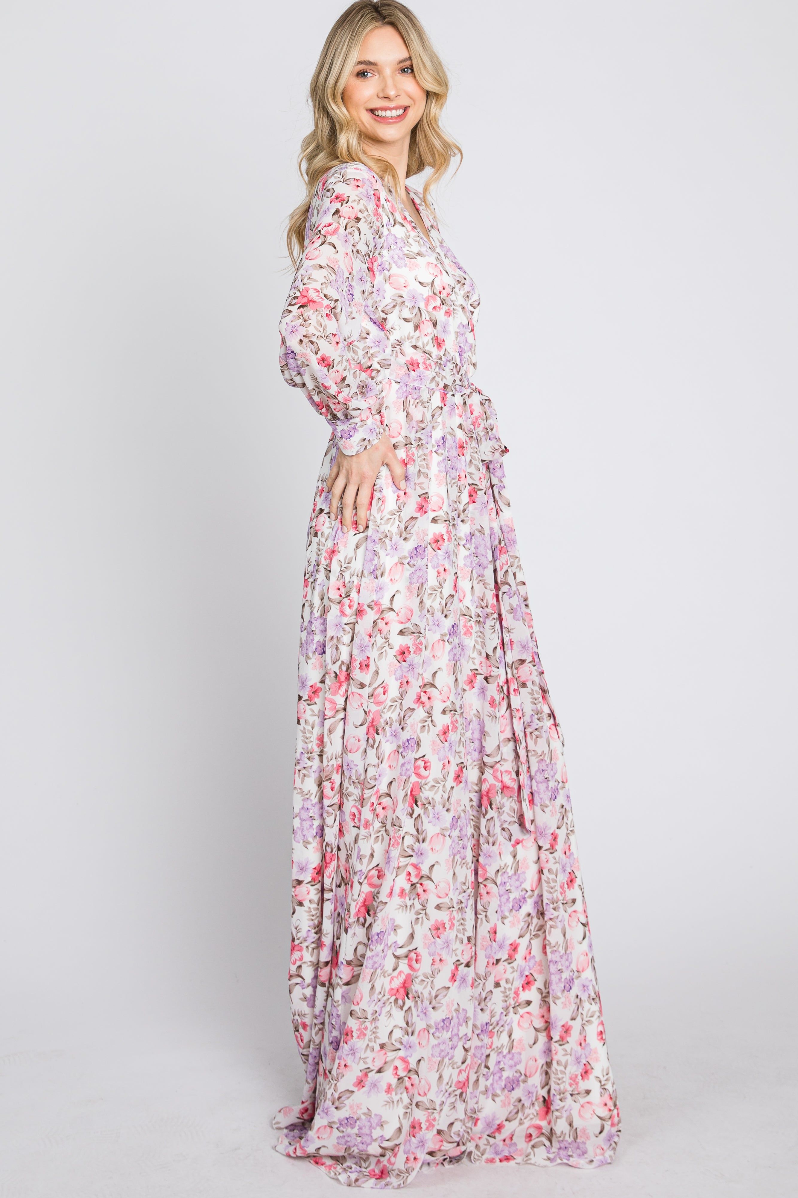 White Floral Chiffon Long Sleeve Pleated Maxi Dress sold by Pinkblush product image thumbnail 5