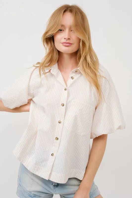 Natural Stripe Balloon Sleeve Shirt sold by Pinkblush