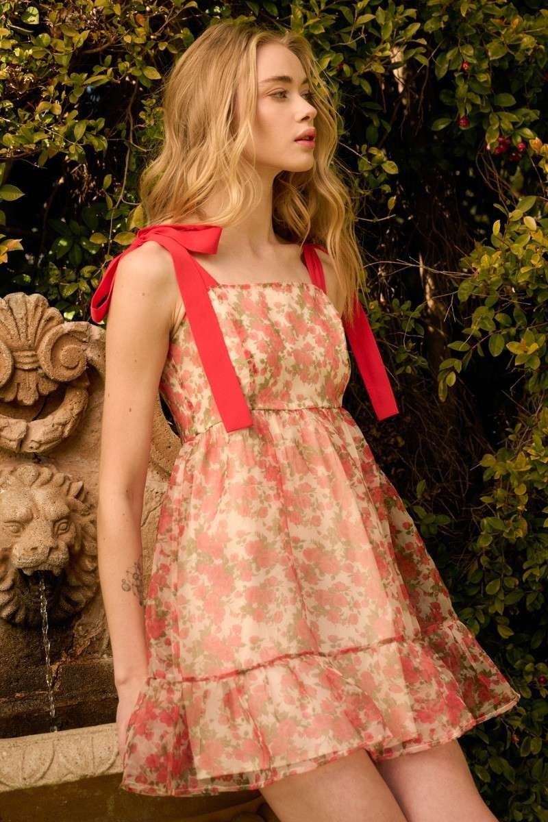 Red Flower Print Organza Mini Dress sold by Pinkblush product image thumbnail 4