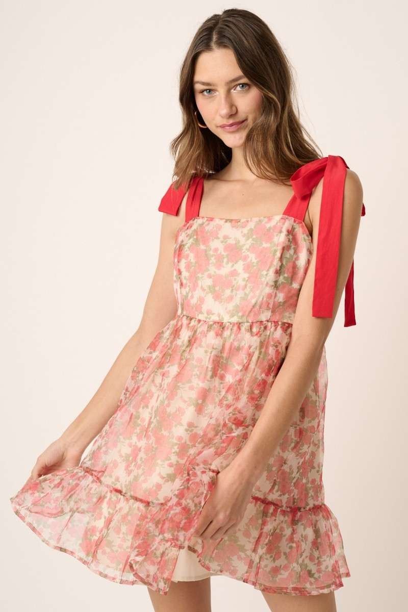Red Flower Print Organza Mini Dress sold by Pinkblush
