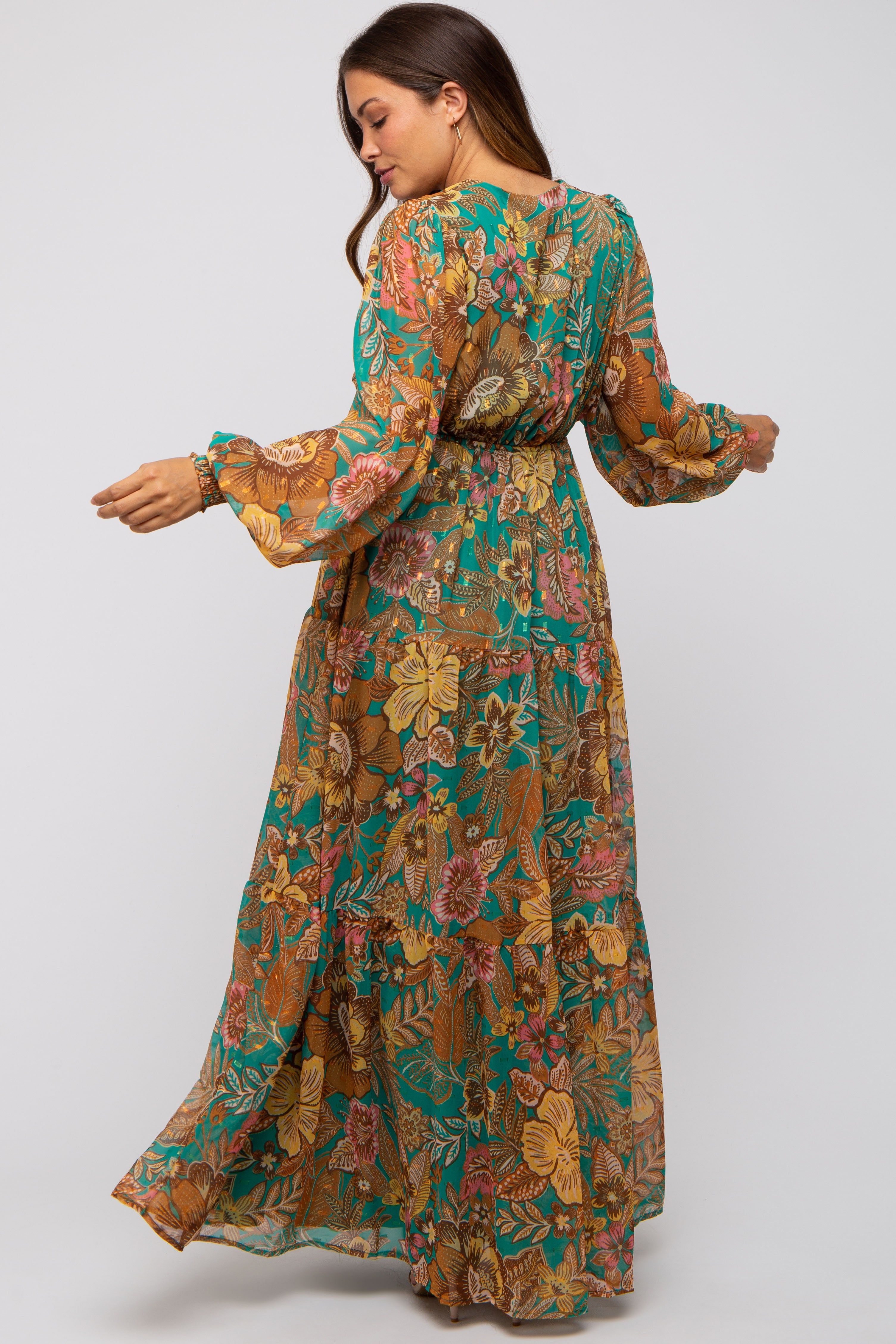 Emerald Floral Deep V-Neck Long Sleeve Maternity Maxi Dress sold by Pinkblush product image thumbnail 3