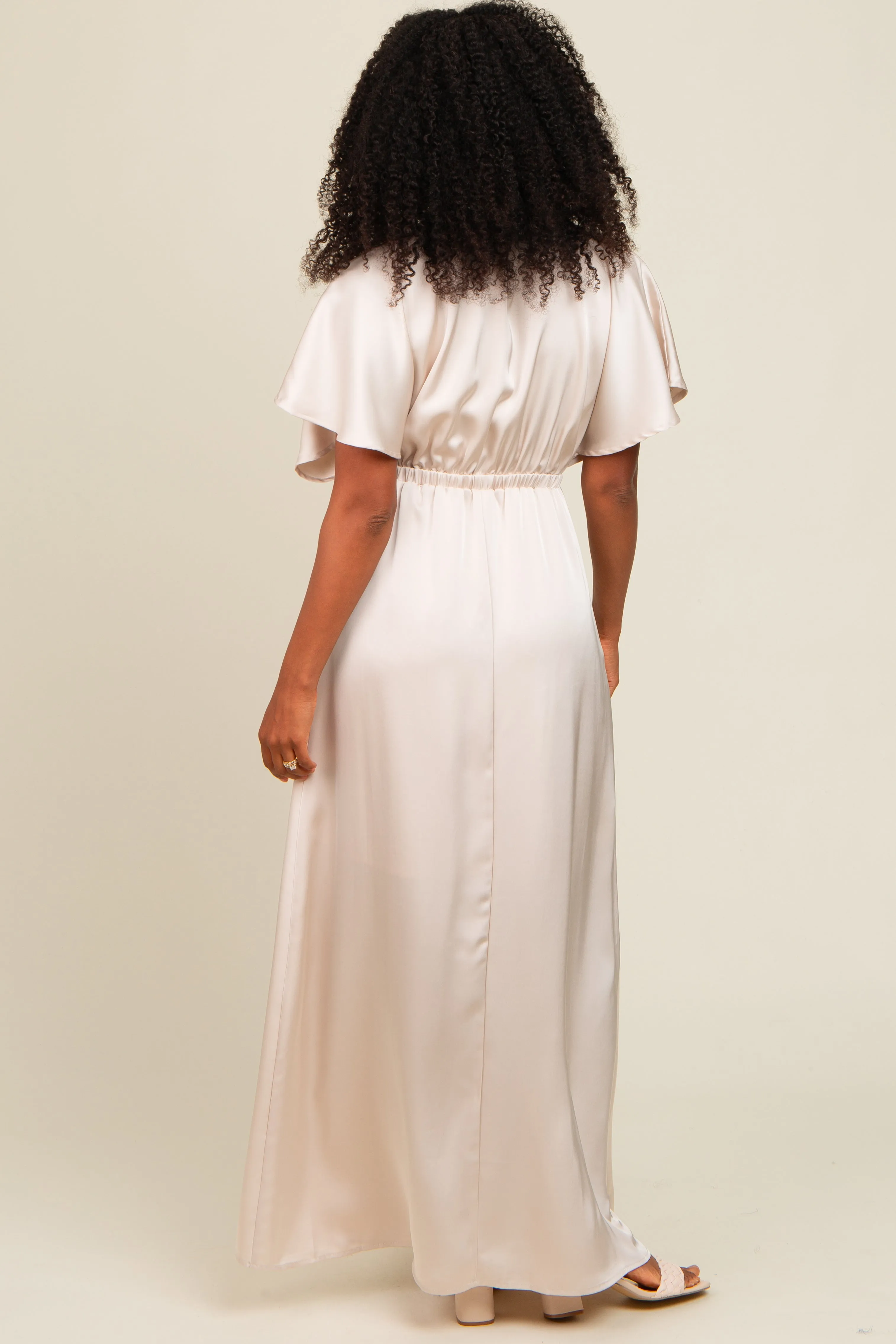 Cream Satin V-Neck Flutter Short Sleeve Maxi Dress sold by Pinkblush product image thumbnail 4