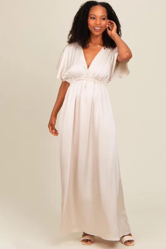 Cream Satin V-Neck Flutter Short Sleeve Maxi Dress sold by Pinkblush