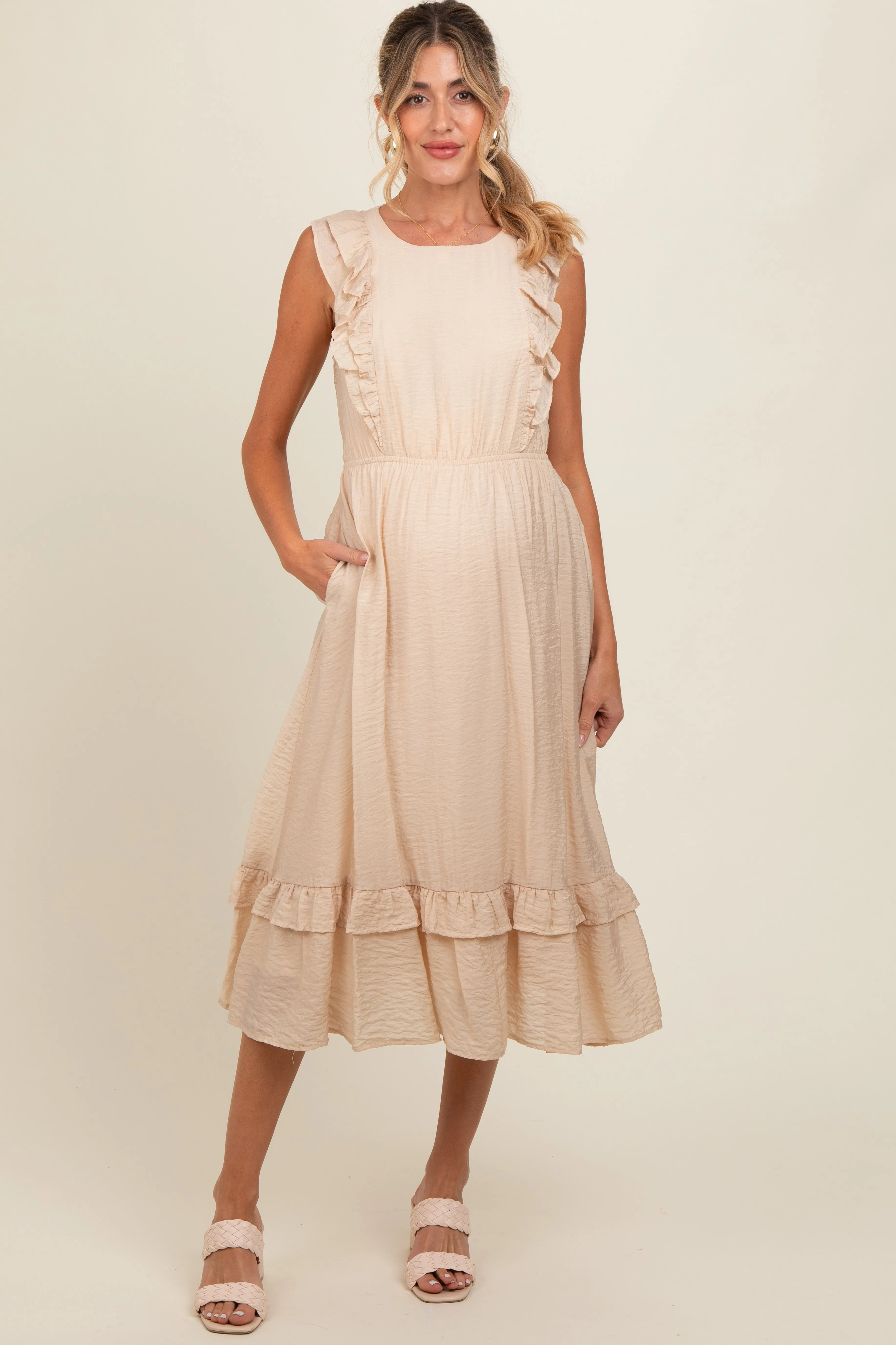 Beige Texture Ruffle Accent Maternity Midi Dress sold by Pinkblush product image thumbnail 2