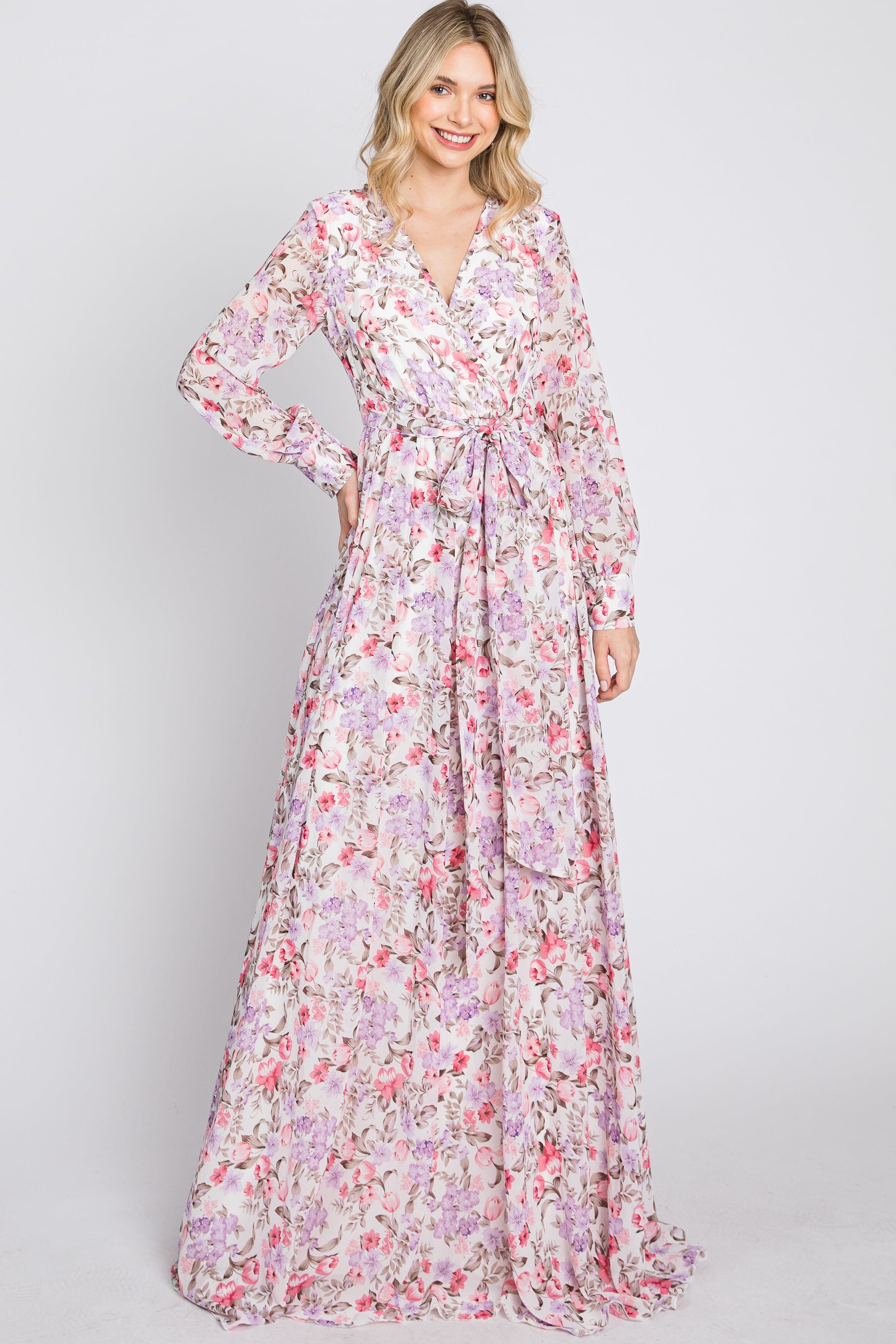 White Floral Chiffon Long Sleeve Pleated Maxi Dress sold by Pinkblush product image thumbnail 3