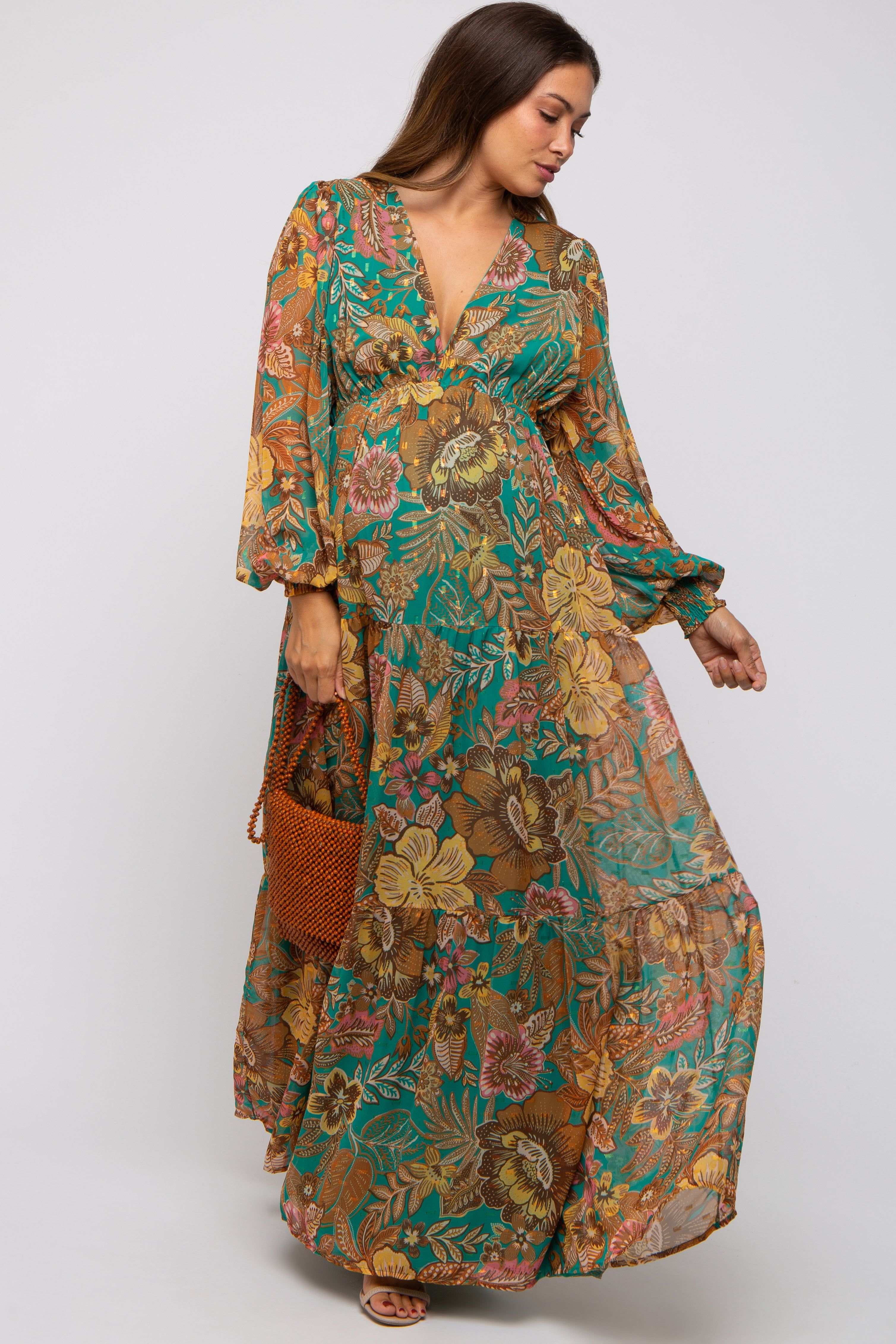 Emerald Floral Deep V-Neck Long Sleeve Maternity Maxi Dress sold by Pinkblush product image thumbnail 4