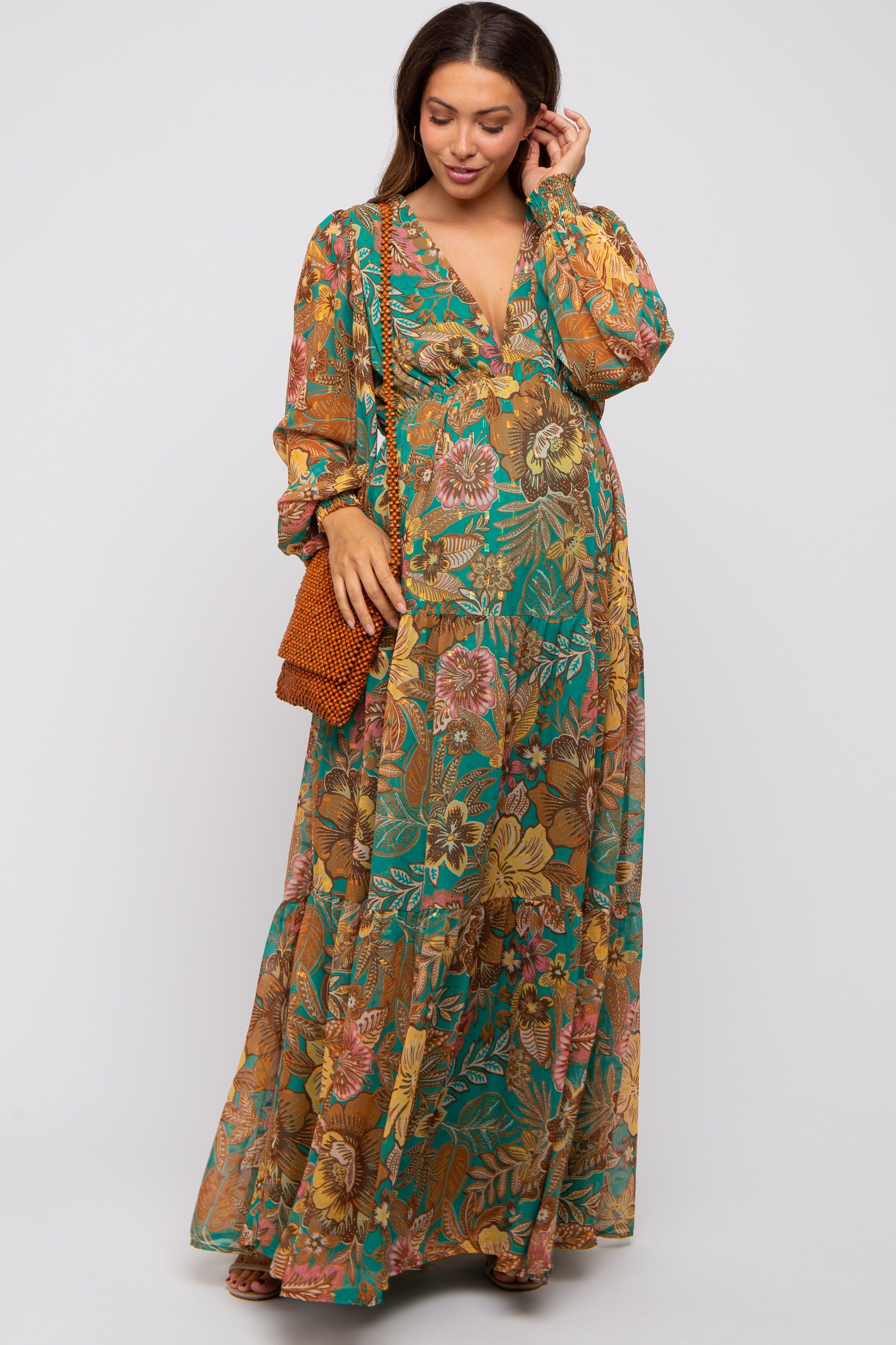 Emerald Floral Deep V-Neck Long Sleeve Maternity Maxi Dress sold by Pinkblush
