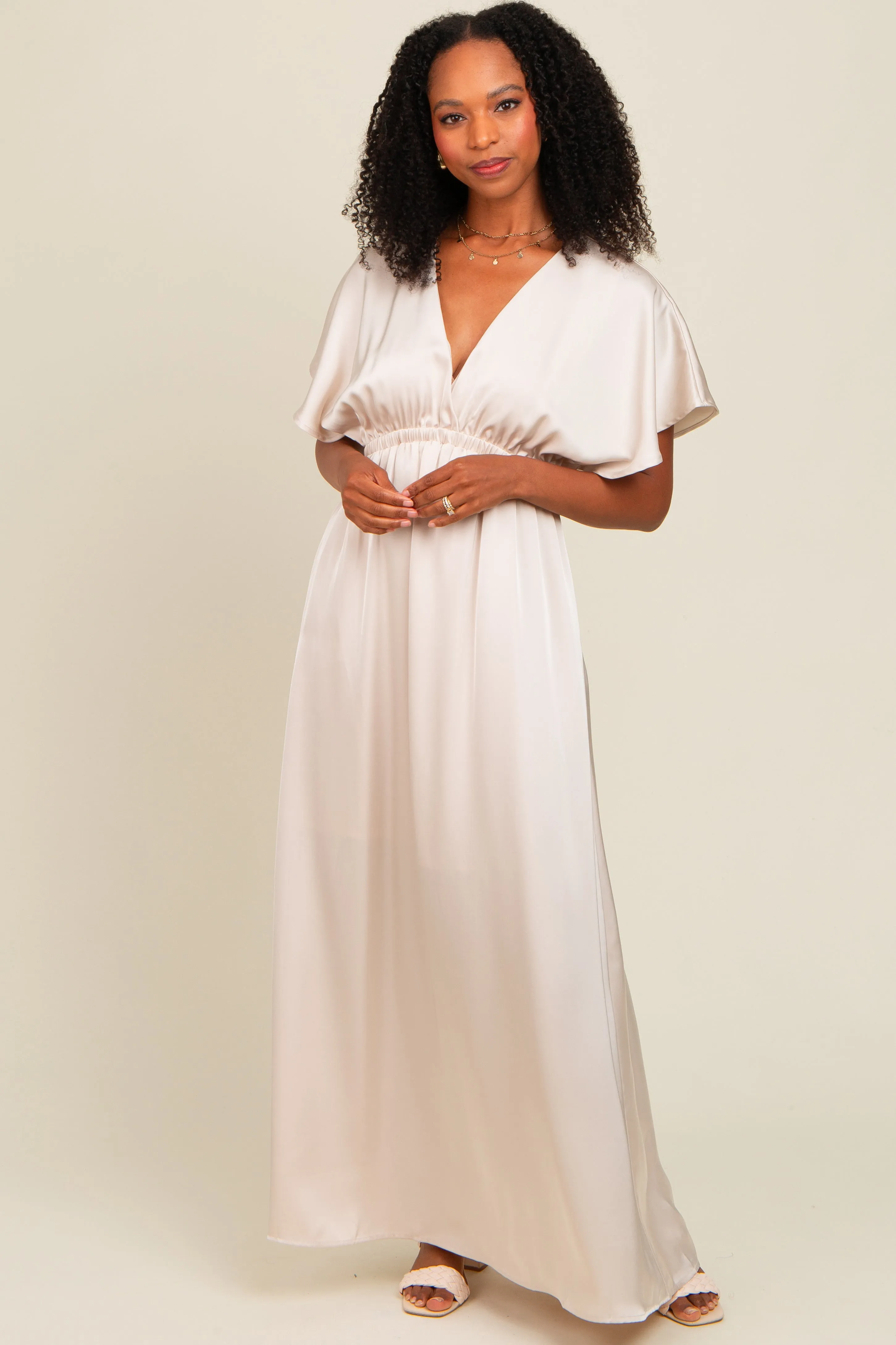 Cream Satin V-Neck Flutter Short Sleeve Maxi Dress sold by Pinkblush product image thumbnail 2