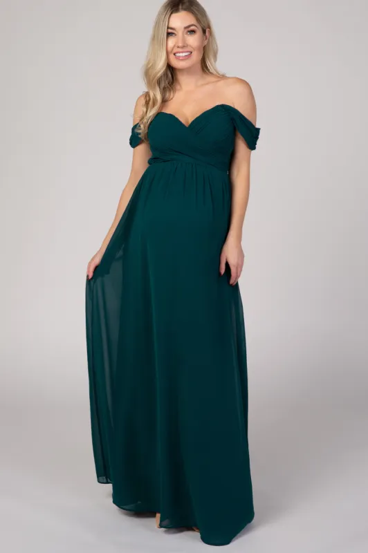 PinkBlush Forest Green Off Shoulder Chiffon Maxi Maternity Dress sold by Pinkblush