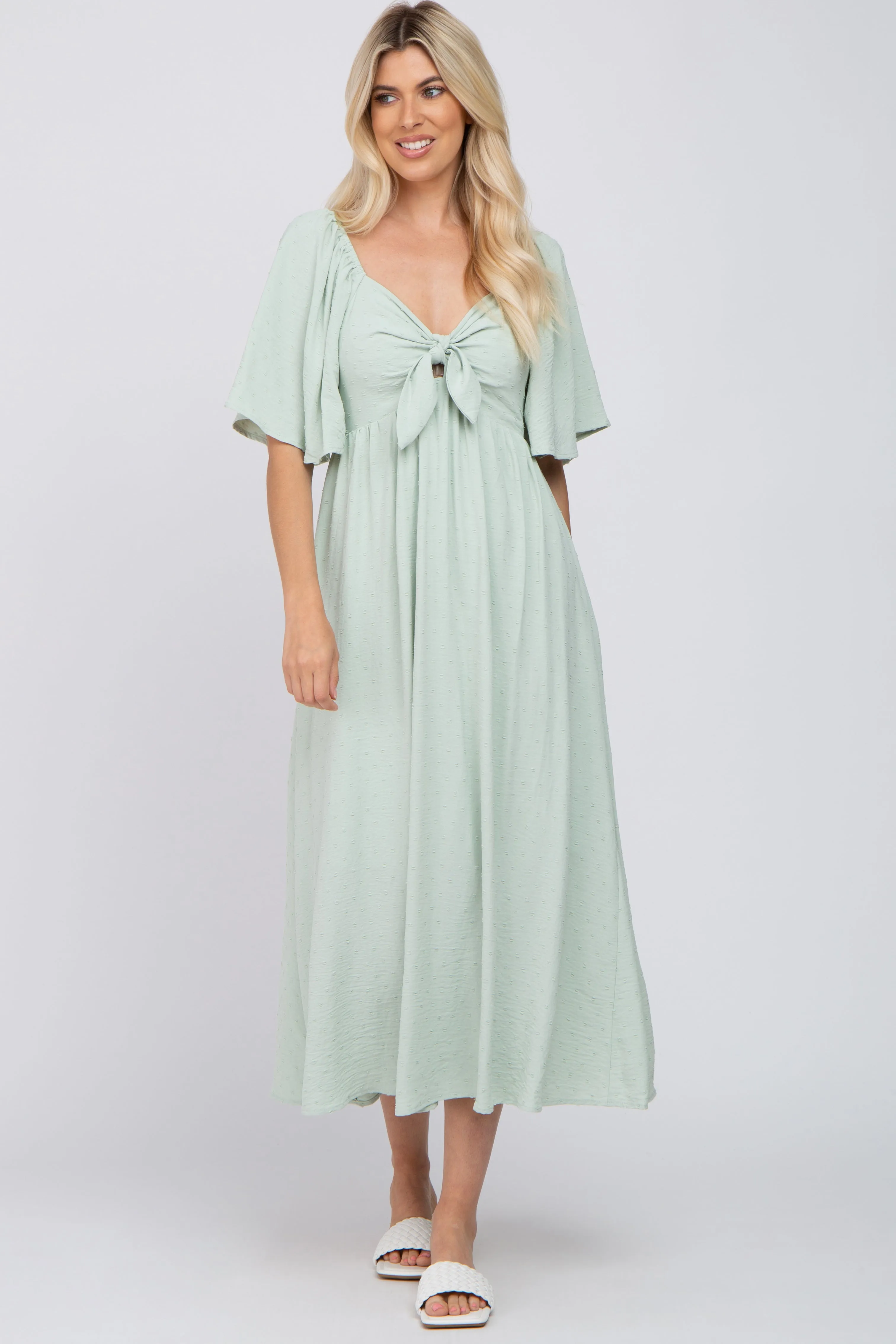 Mint Green Textured Dot Front Tie Ruffle Sleeve Maternity Midi Dress sold by Pinkblush product image thumbnail 4