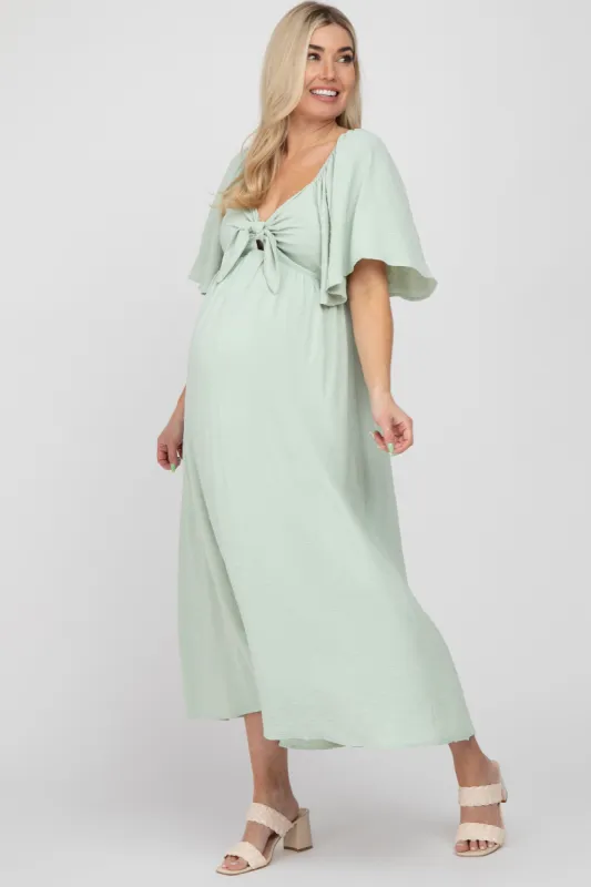 Mint Green Textured Dot Front Tie Ruffle Sleeve Maternity Midi Dress sold by Pinkblush