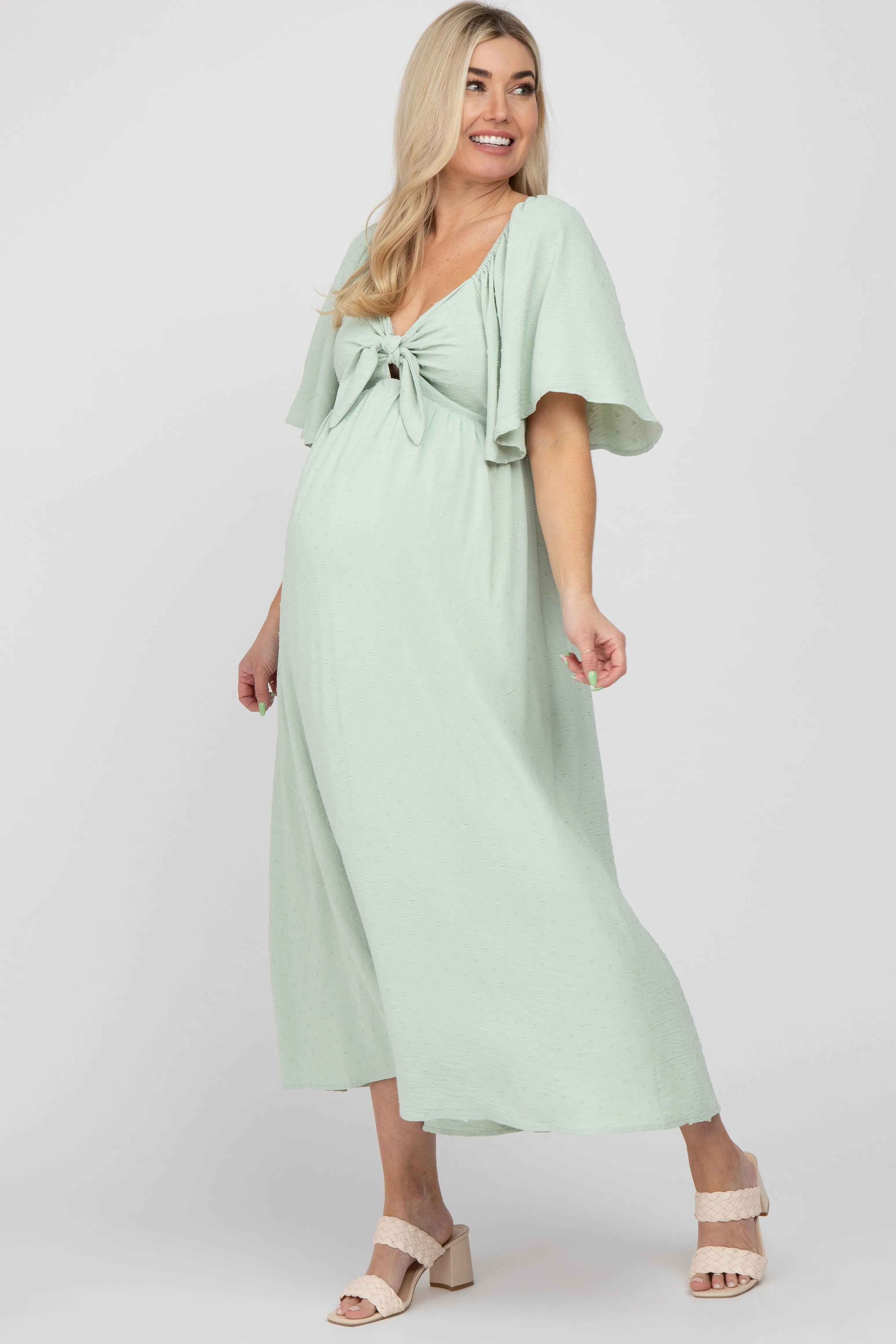 Mint Green Textured Dot Front Tie Ruffle Sleeve Maternity Midi Dress sold by Pinkblush