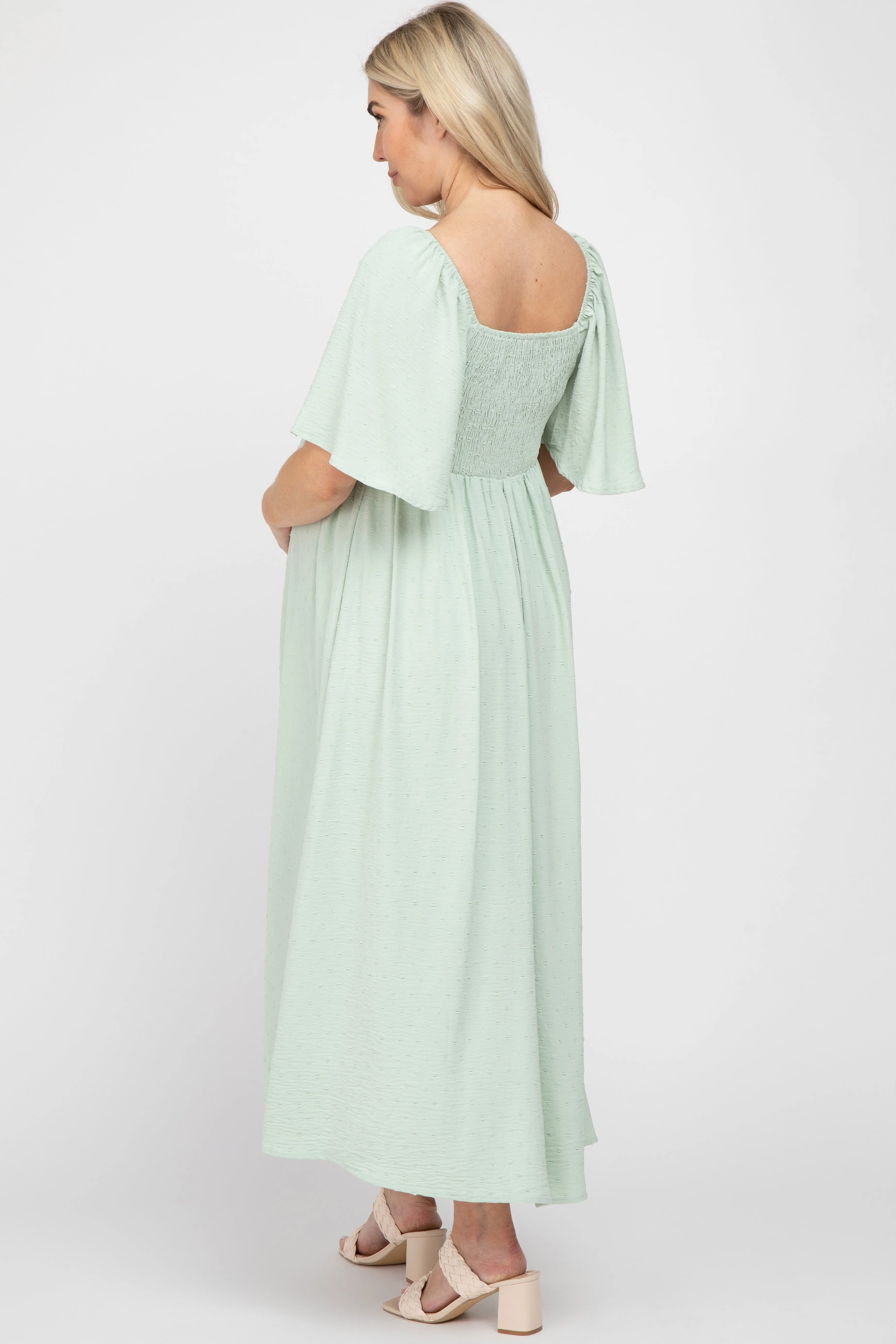 Mint Green Textured Dot Front Tie Ruffle Sleeve Maternity Midi Dress sold by Pinkblush product image thumbnail 3