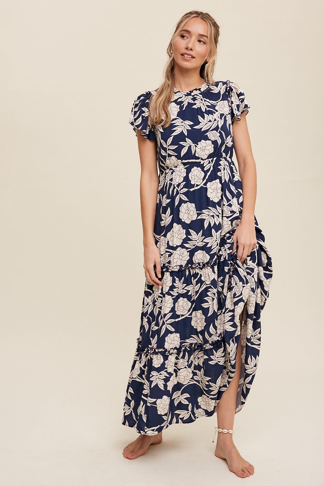 Navy Floral Tiered Ruffle Accent Maxi Dress sold by Pinkblush product image thumbnail 4