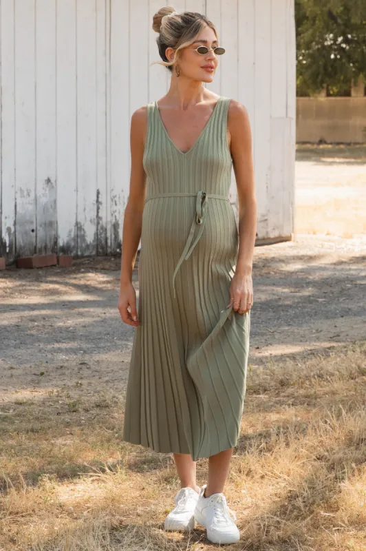 Light Olive Pleated V-Neck Waist Tie Sweater Maternity Maxi Dress sold by Pinkblush