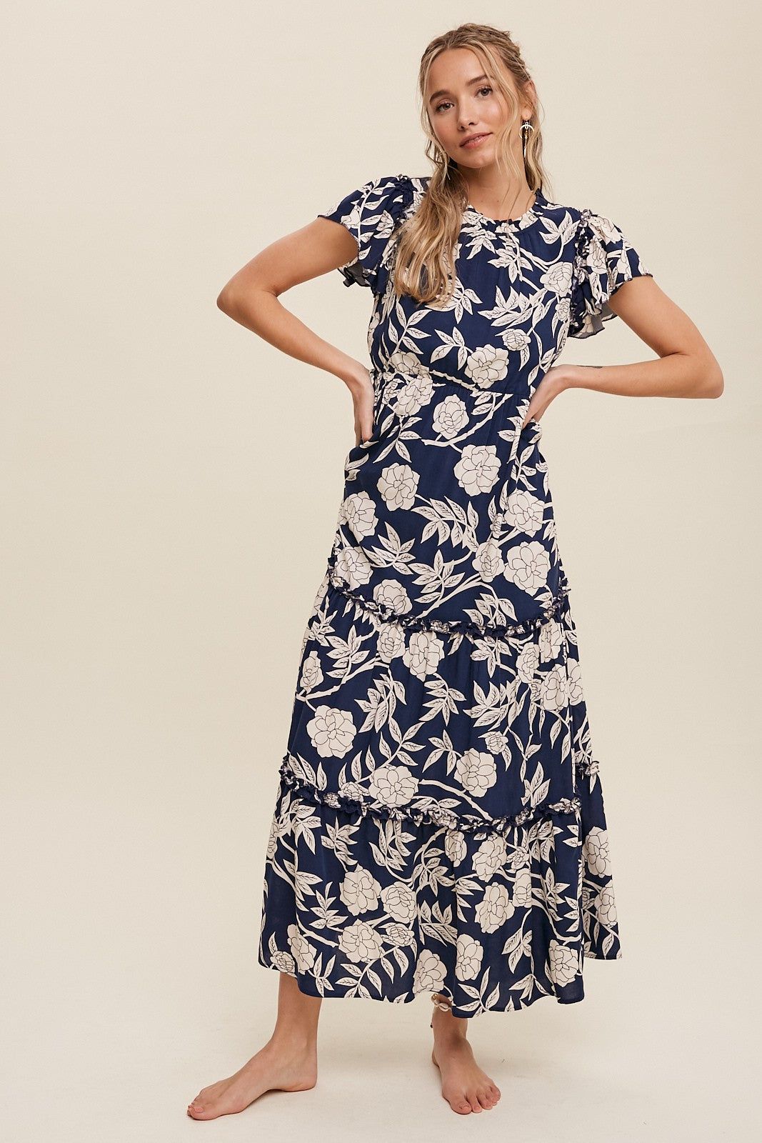 Navy Floral Tiered Ruffle Accent Maxi Dress sold by Pinkblush