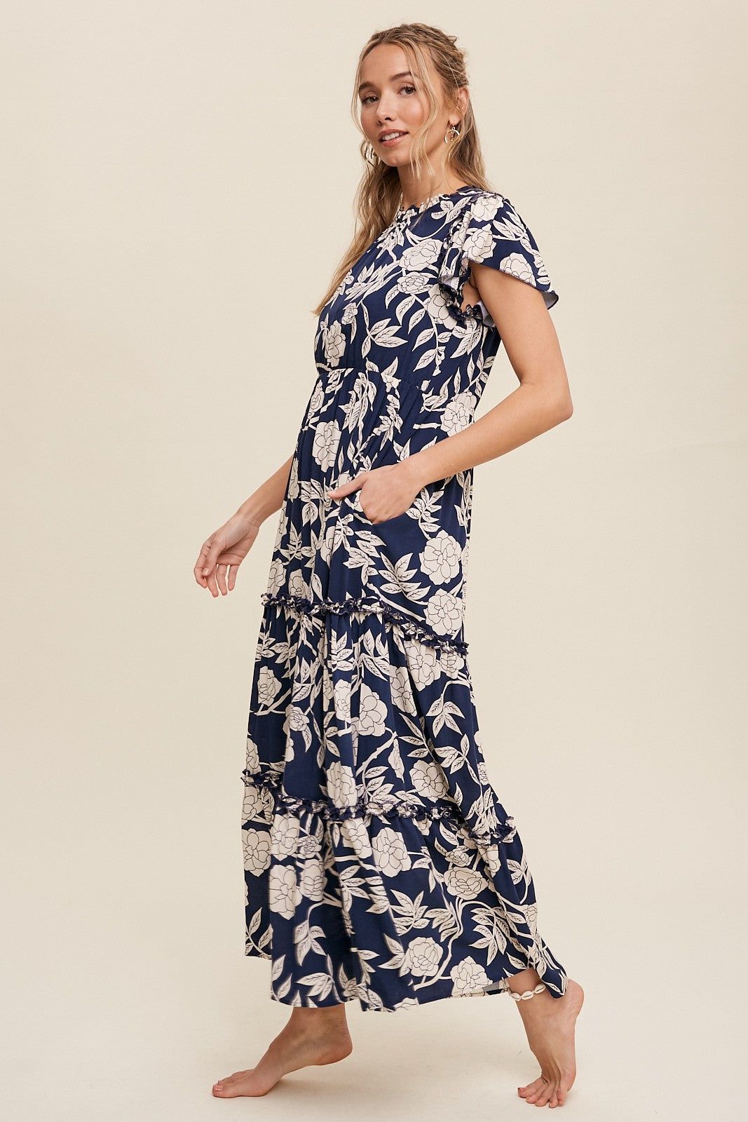 Navy Floral Tiered Ruffle Accent Maxi Dress sold by Pinkblush product image thumbnail 2