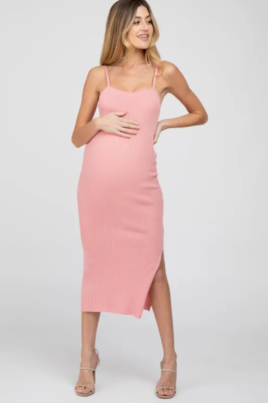 Pink Ribbed Square Neck Side Slit Maternity Midi Dress sold by Pinkblush