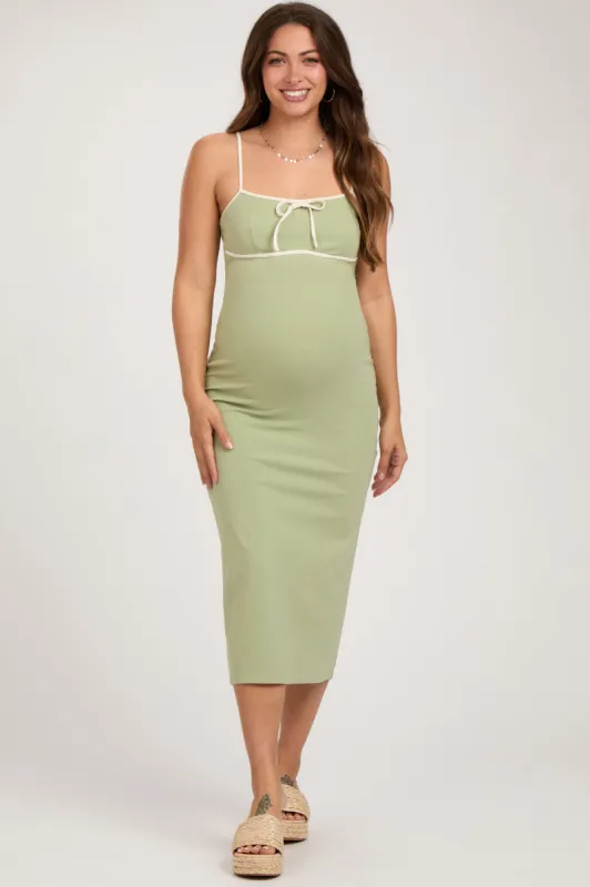 Light Olive Contrast Bow Back Slit Maternity Midi Dress sold by Pinkblush