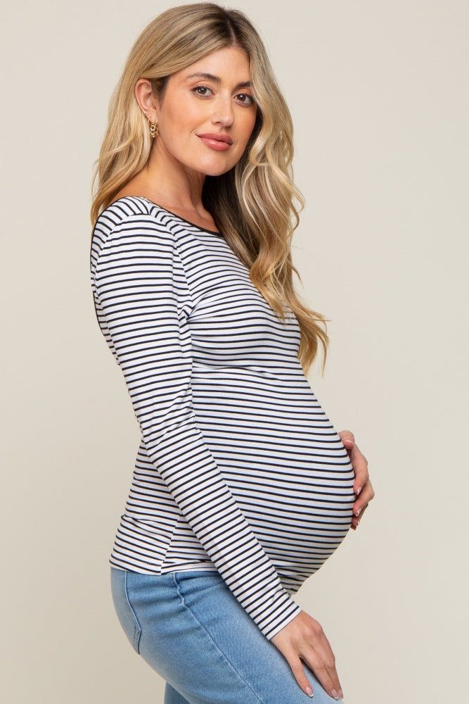 Ivory Striped Long Sleeve Scoop Back Maternity Top sold by Pinkblush product image thumbnail 2