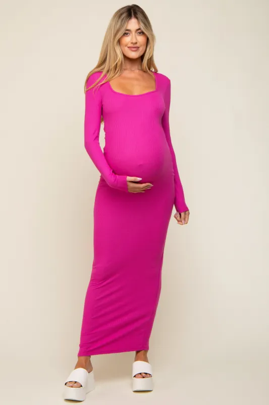 Fuchsia Ribbed Long Sleeve Square Neck Maternity Maxi Dress sold by Pinkblush