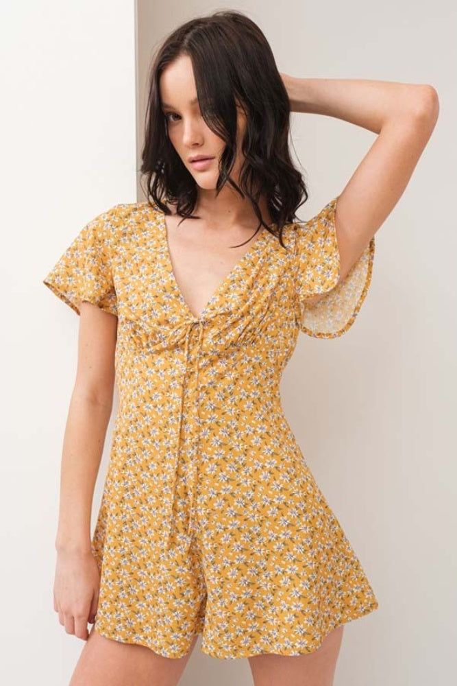 Mustard Floral Print V Neck Romper sold by Pinkblush