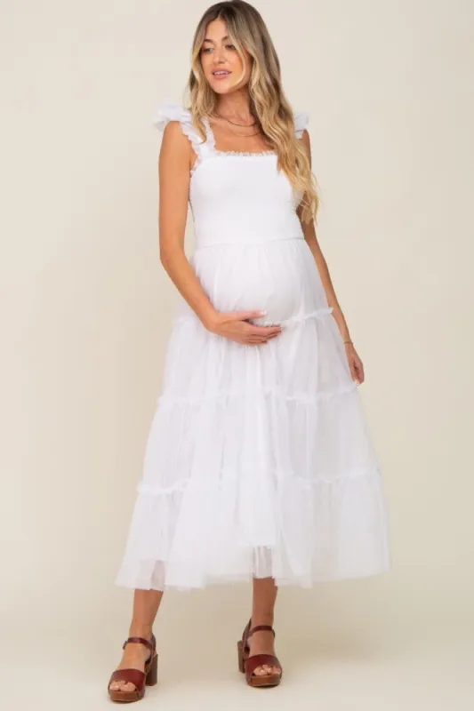 Ivory Smocked Mesh Ruffle Accent Maternity Midi Dress sold by Pinkblush