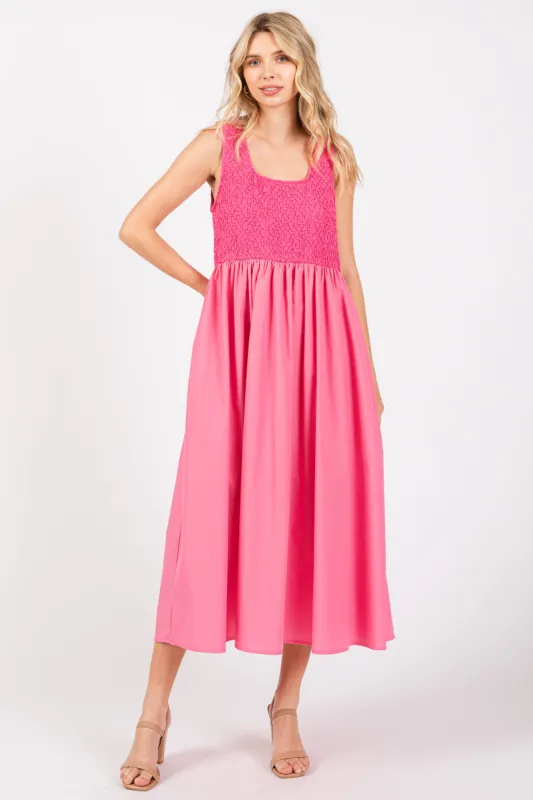 Pink Textured Scoop Neck Sleeveless Midi Dress sold by Pinkblush