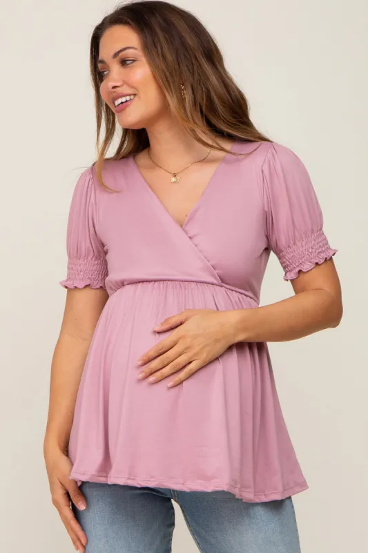Mauve Puff Sleeve Crossover Maternity/Nursing Top sold by Pinkblush