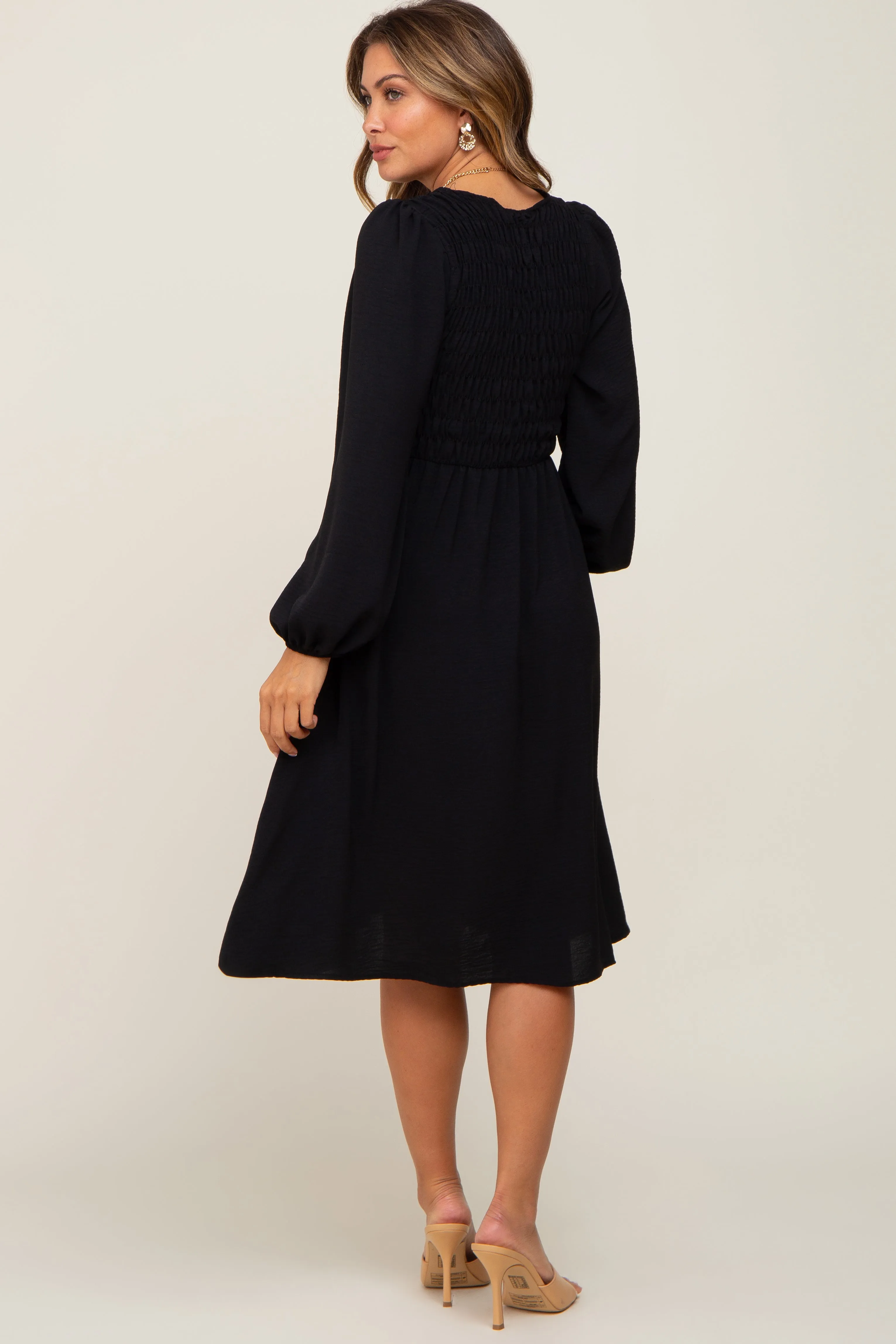 Black Smocked Long Sleeve Maternity Midi Dress sold by Pinkblush product image thumbnail 3