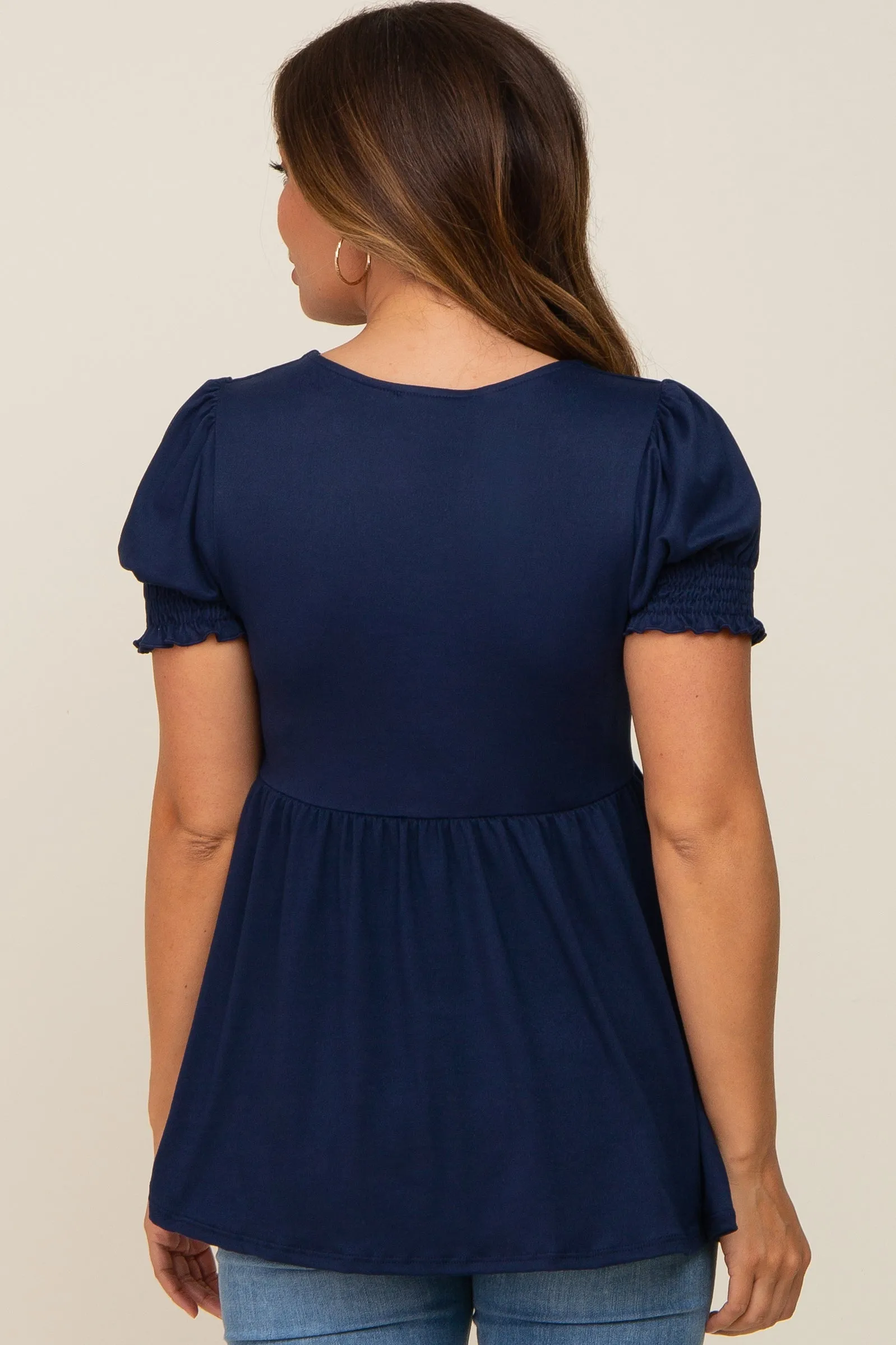Navy Puff Sleeve Crossover Maternity/Nursing Top sold by Pinkblush product image thumbnail 3