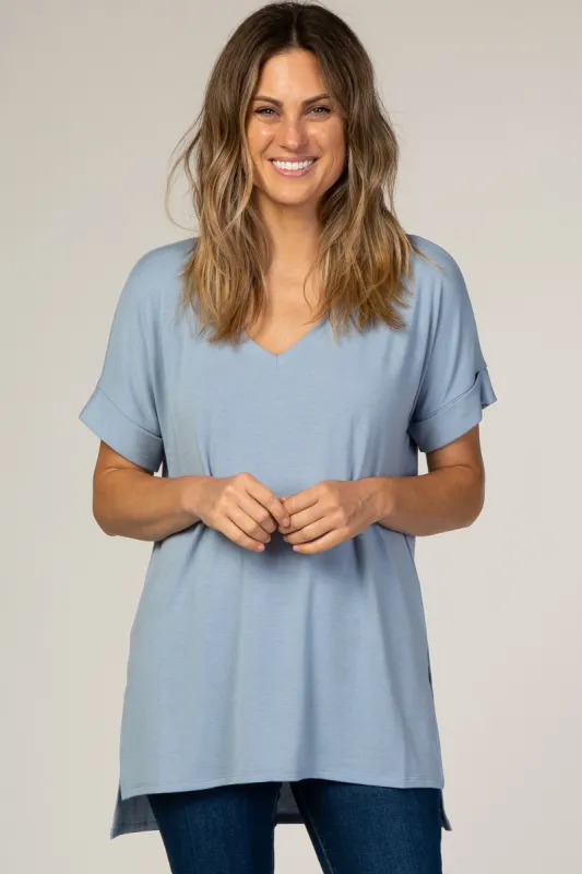 Light Blue V-Neck Cuffed Short Sleeve Top sold by Pinkblush
