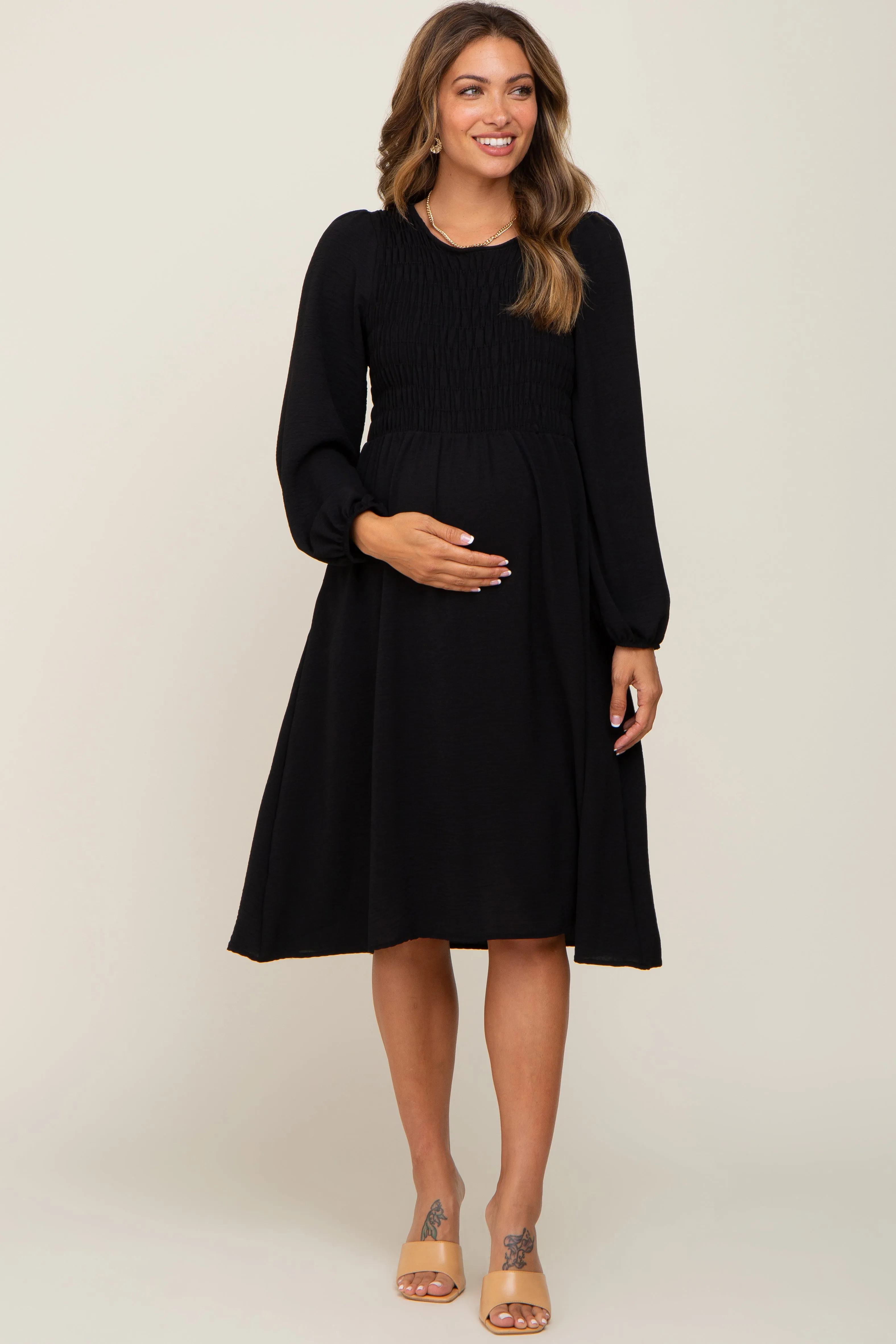 Black Smocked Long Sleeve Maternity Midi Dress sold by Pinkblush product image thumbnail 4