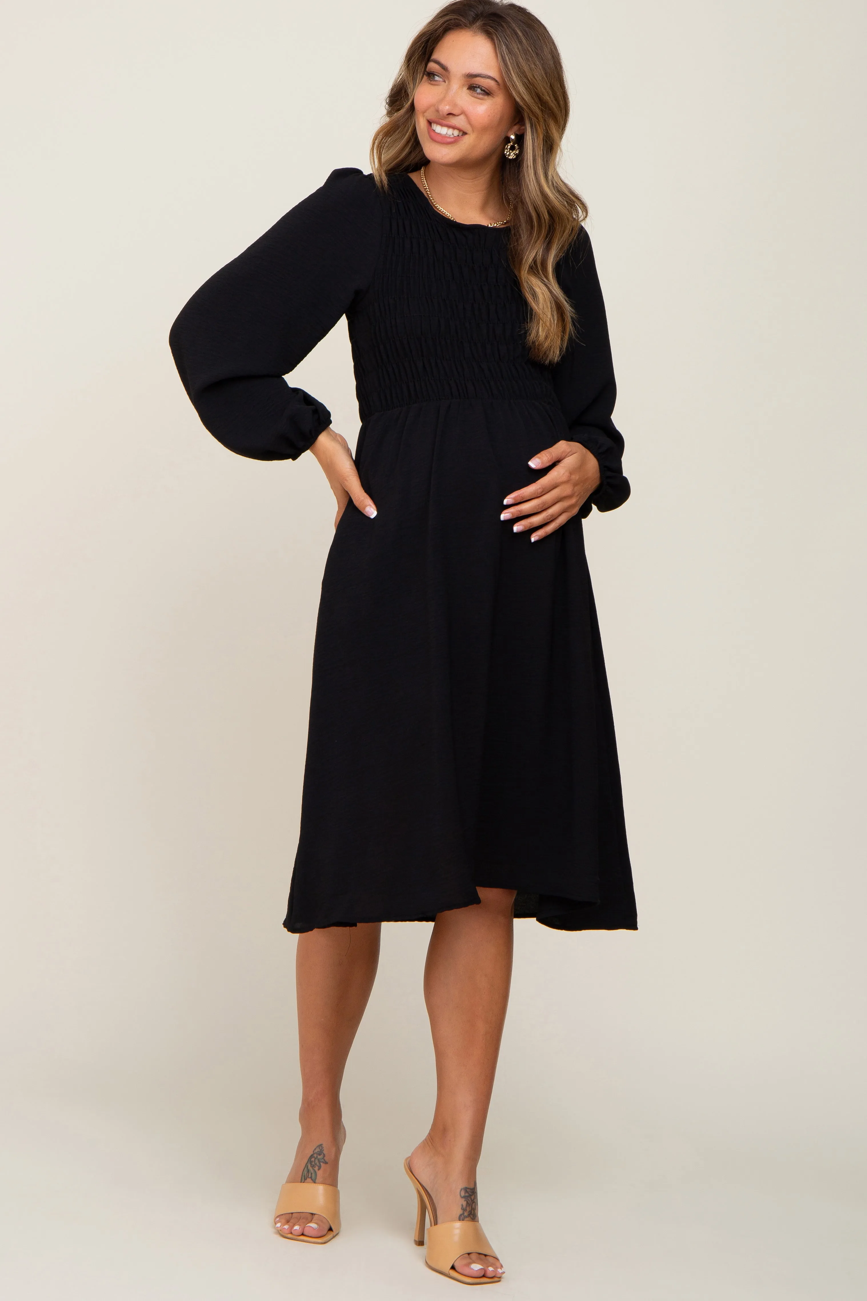 Black Smocked Long Sleeve Maternity Midi Dress sold by Pinkblush