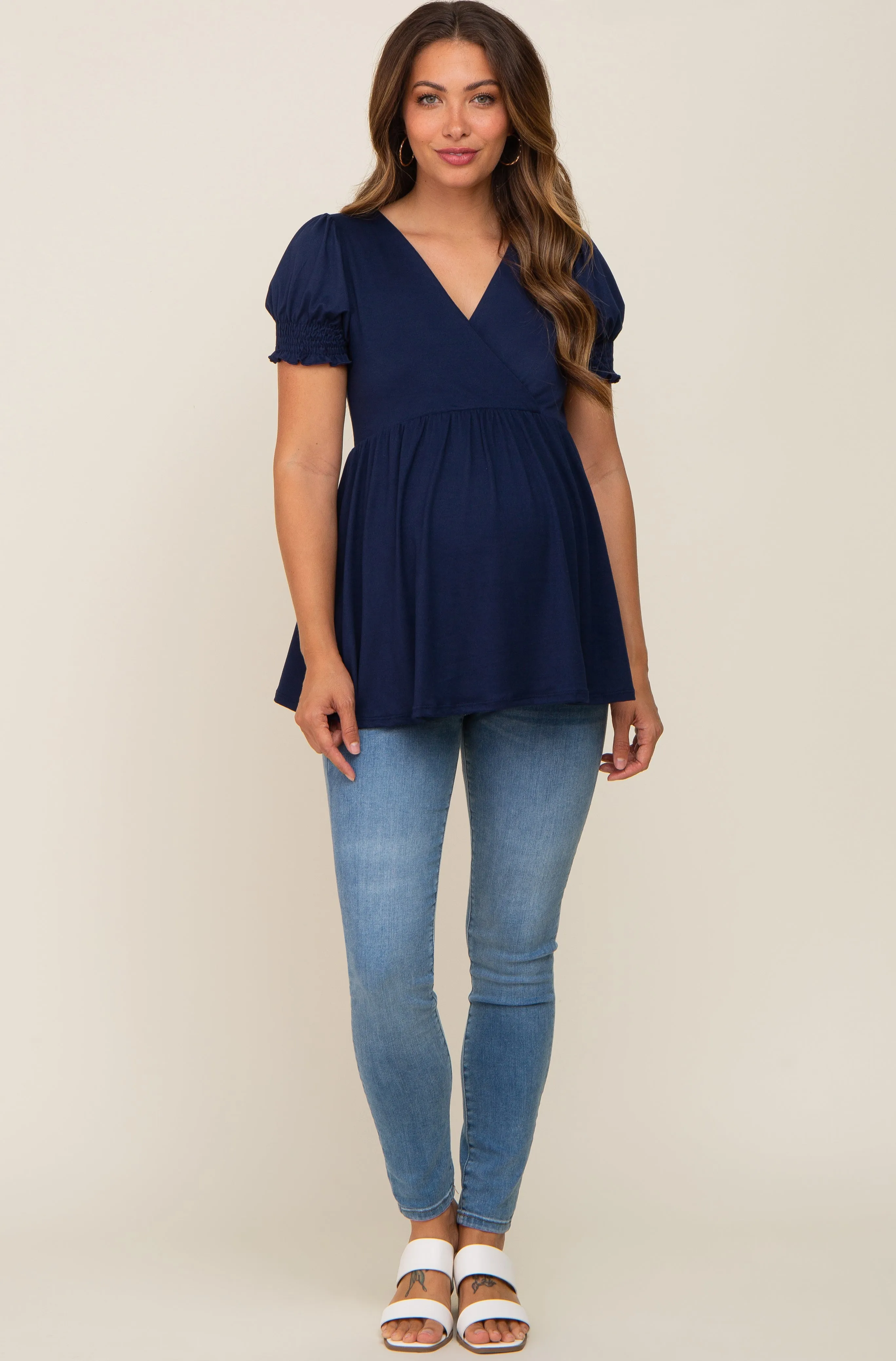 Navy Puff Sleeve Crossover Maternity/Nursing Top sold by Pinkblush product image thumbnail 4