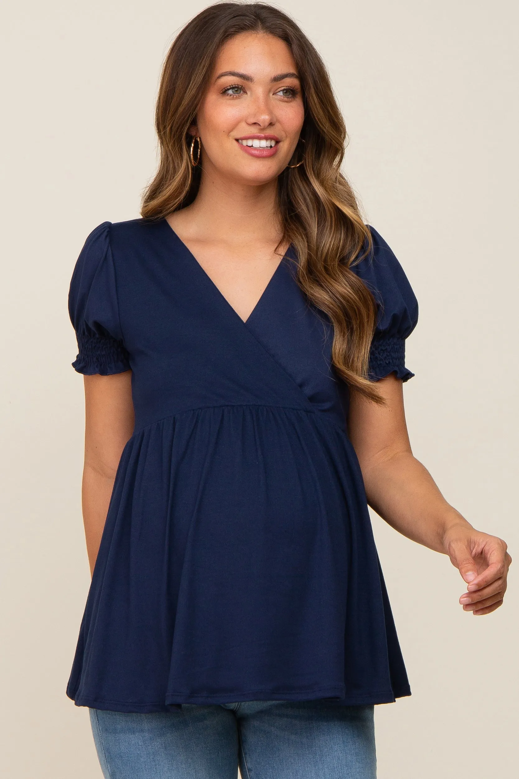 Navy Puff Sleeve Crossover Maternity/Nursing Top sold by Pinkblush