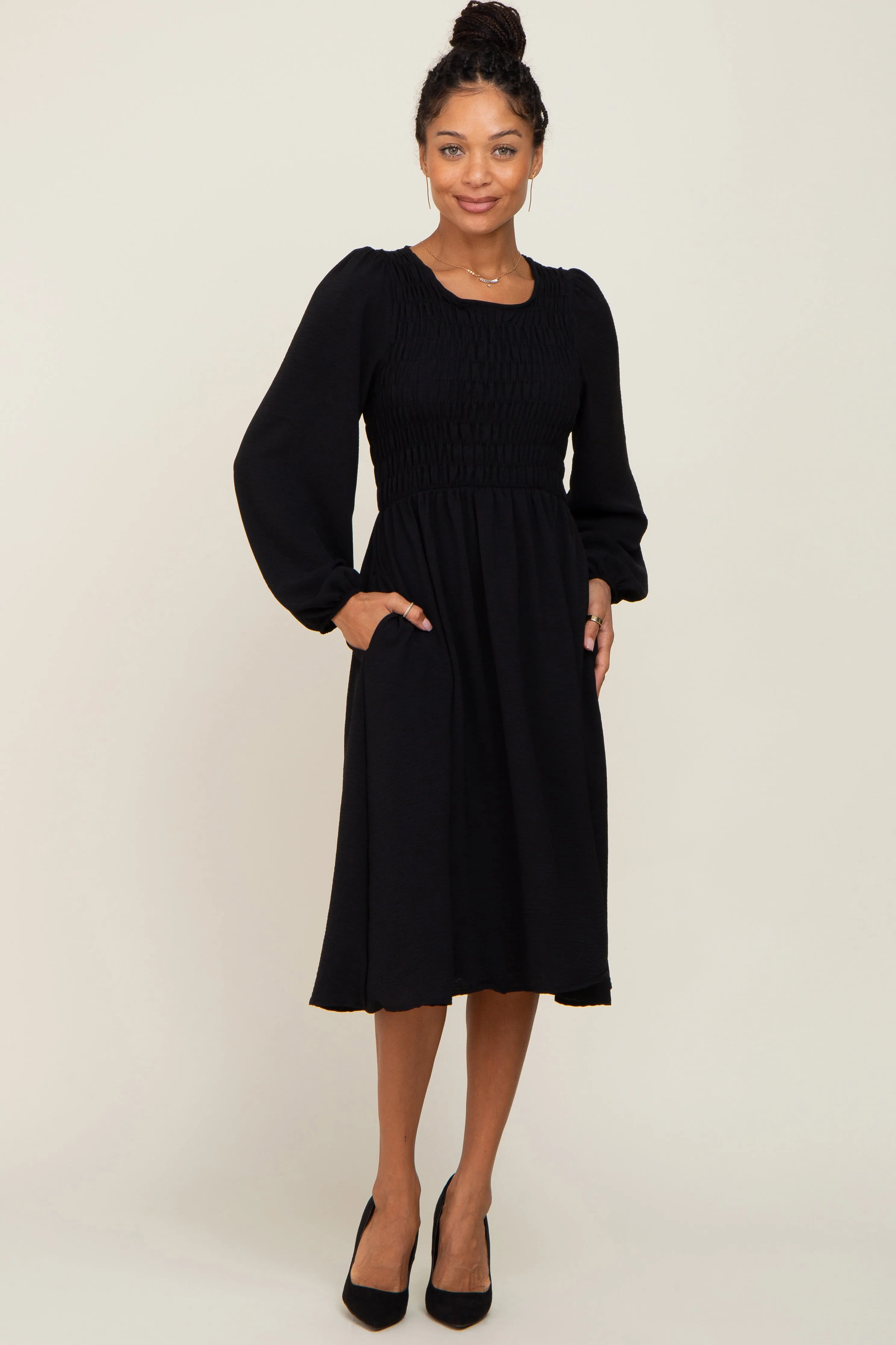 Black Smocked Long Sleeve Maternity Midi Dress sold by Pinkblush product image thumbnail 5