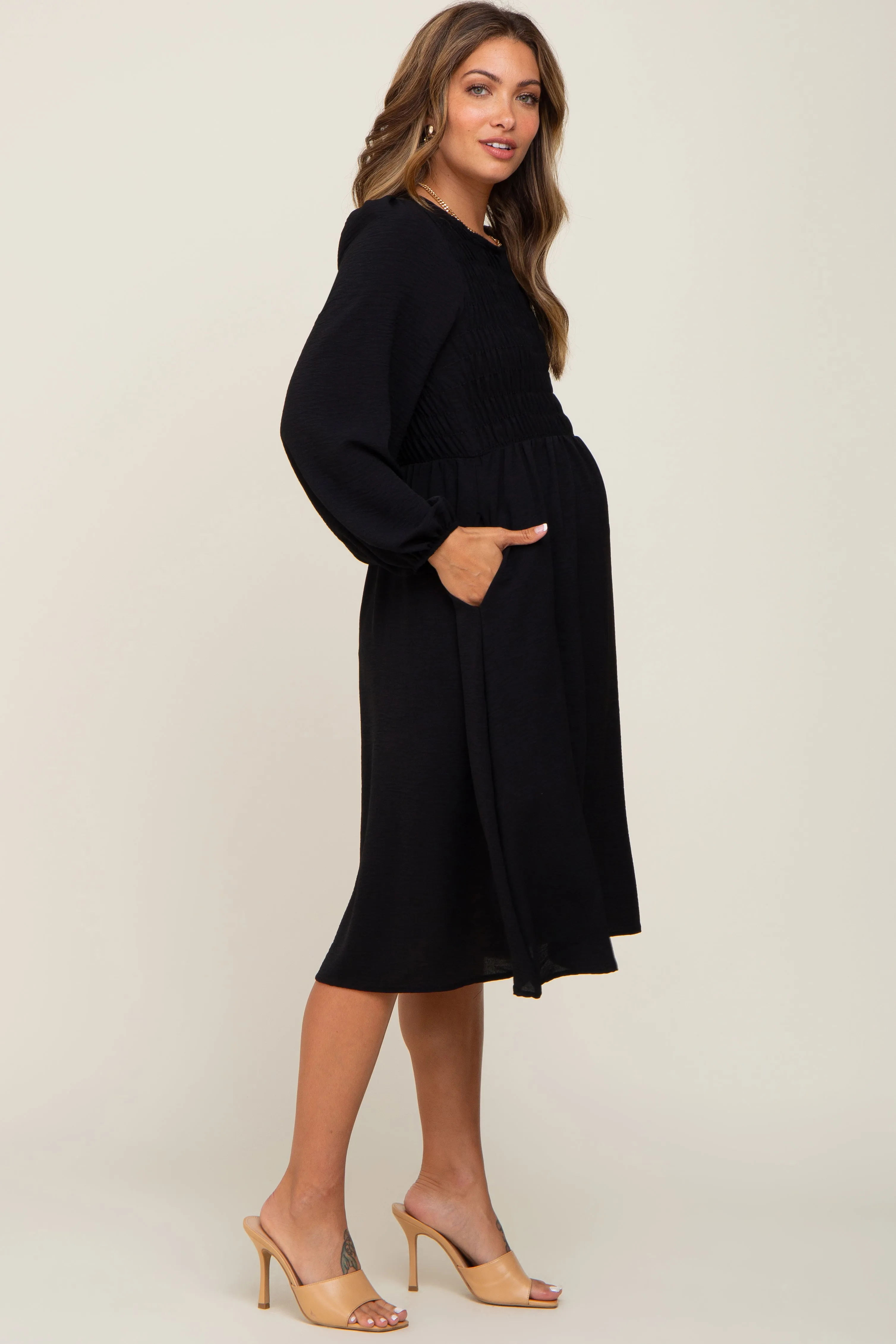 Black Smocked Long Sleeve Maternity Midi Dress sold by Pinkblush product image thumbnail 2