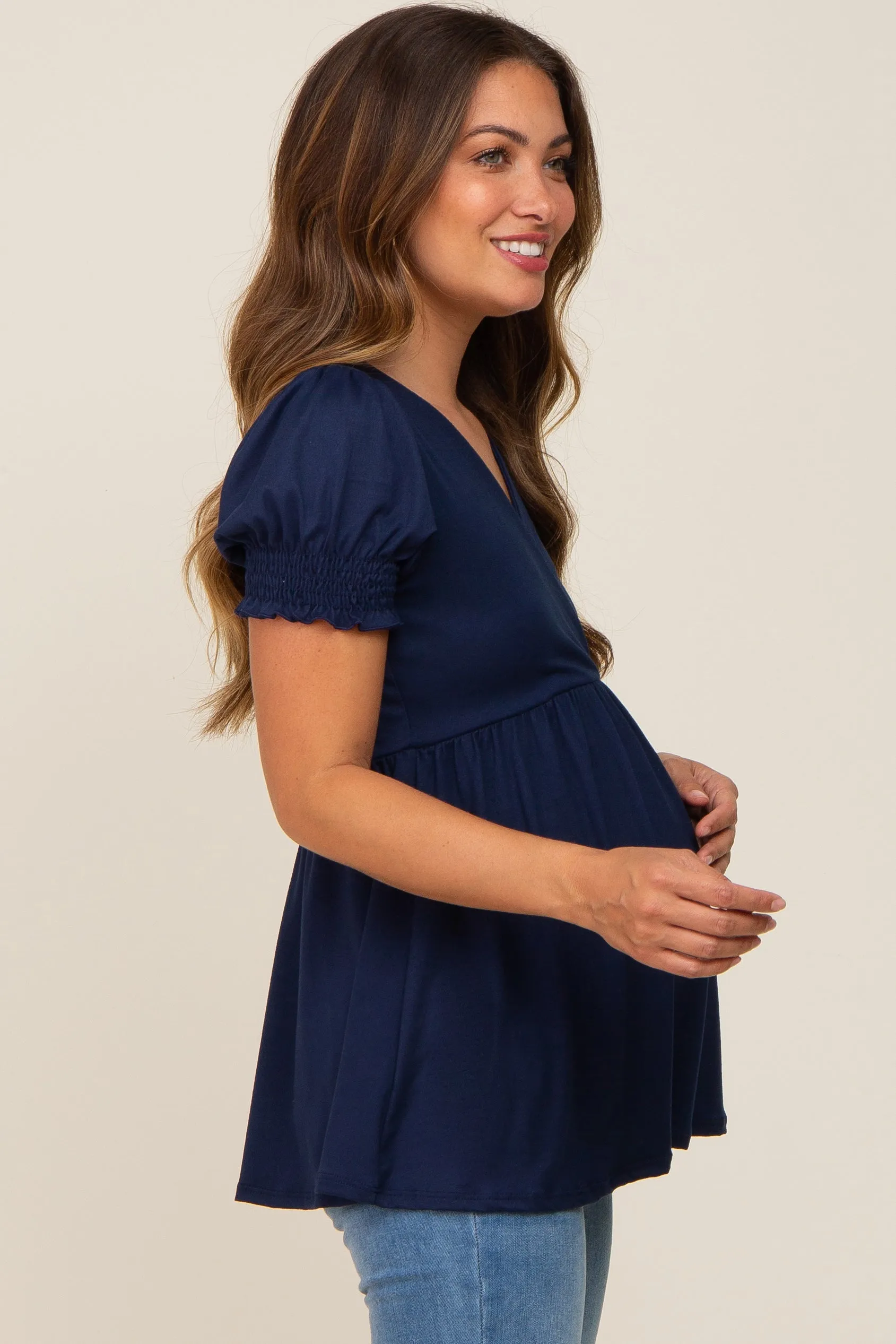 Navy Puff Sleeve Crossover Maternity/Nursing Top sold by Pinkblush product image thumbnail 2