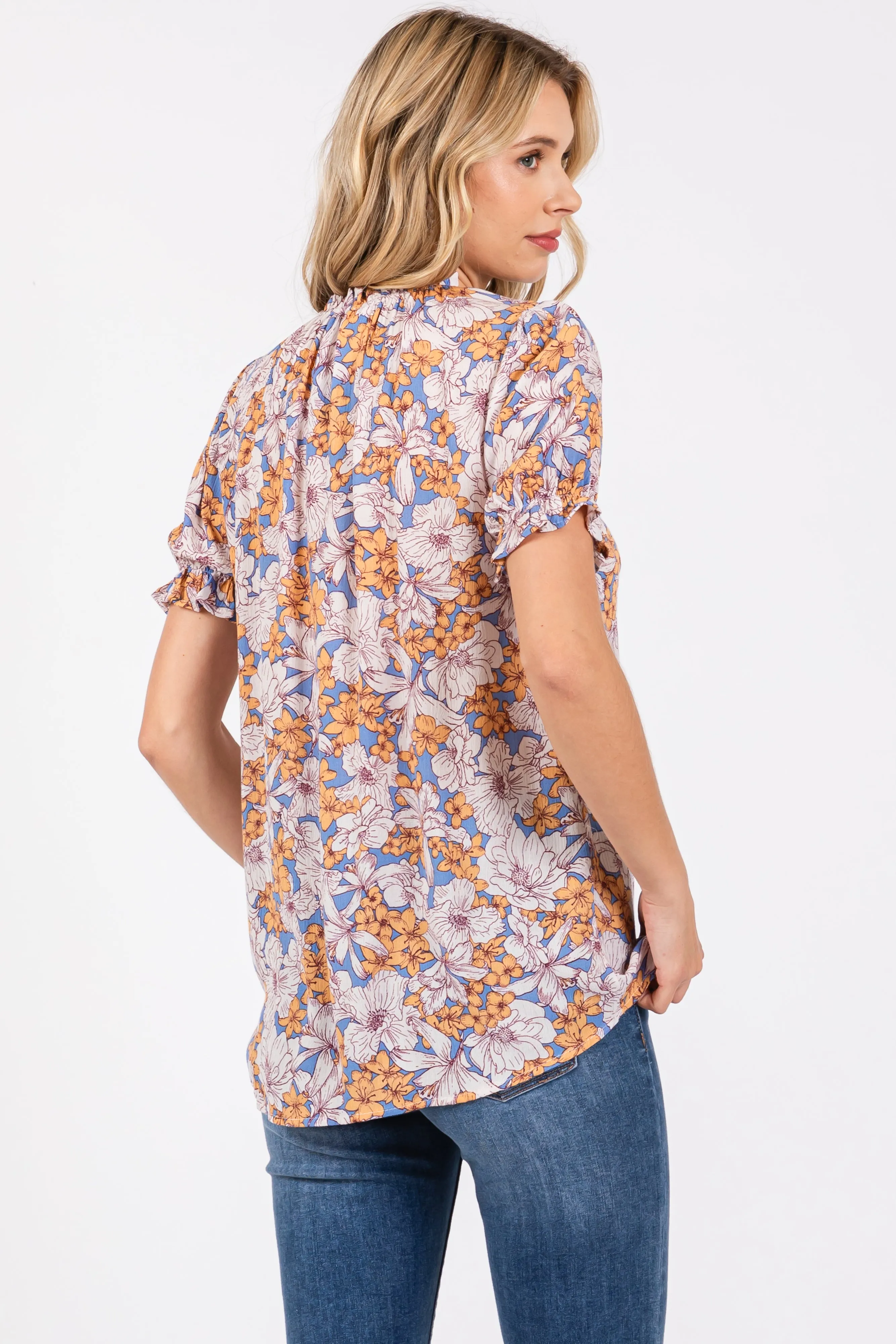 Blue Floral Ruffle Tie Blouse sold by Pinkblush product image thumbnail 3