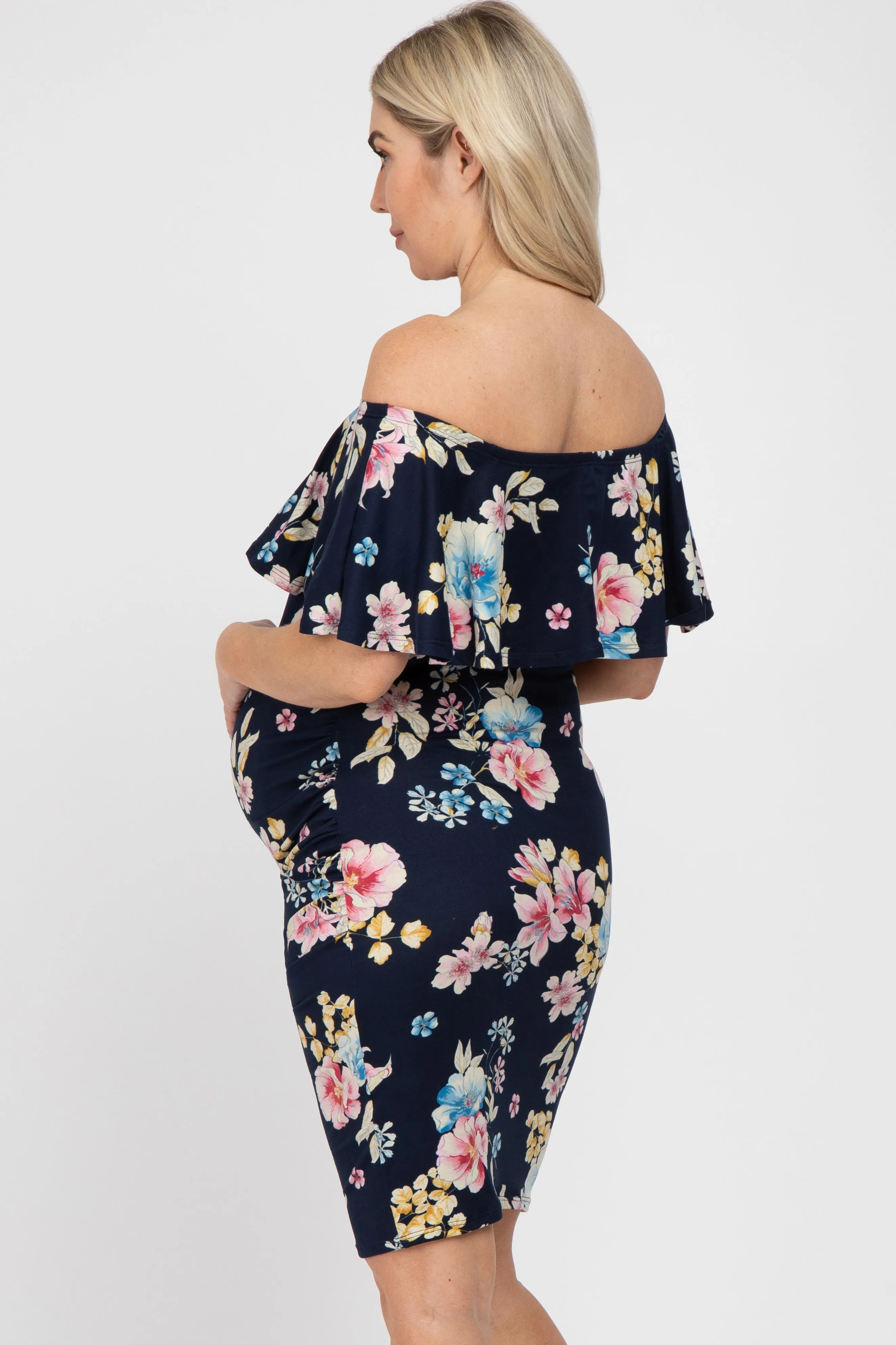 Navy Floral Off Shoulder Maternity Fitted Dress sold by Pinkblush product image thumbnail 3