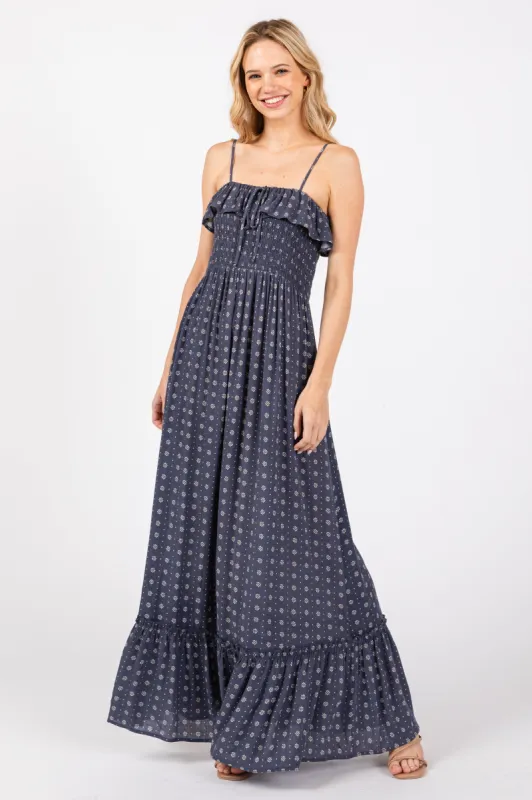 Navy Smocked Sleeveless Floral Maxi Dress sold by Pinkblush